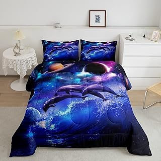 Manfei Dolphin Comforter Set Twin Starry Sky Sea Water Quilt Set Planet Galaxy Bedding Comforters 2pcs for Kids Teens Room Decor,Sea Blue Microfiber Soft Duvet Set with 1 Pillowcase