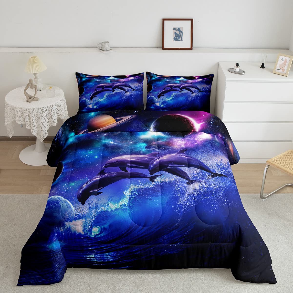 Manfei Dolphin Comforter Set Twin Starry Sky Sea Water Quilt Set Planet Galaxy Bedding Comforters 2pcs for Kids Teens Room Decor,Sea Blue Microfiber Soft Duvet Set with 1 Pillowcase