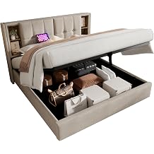 Upholstered Bed Frame with Wireless Charging Pad, Hydraulic Lift Storage Platform, USB & Type-C Charging Ports on Headboard, Built-in Shelving, Linen Fabric, Metal Frame Support Beige,Double