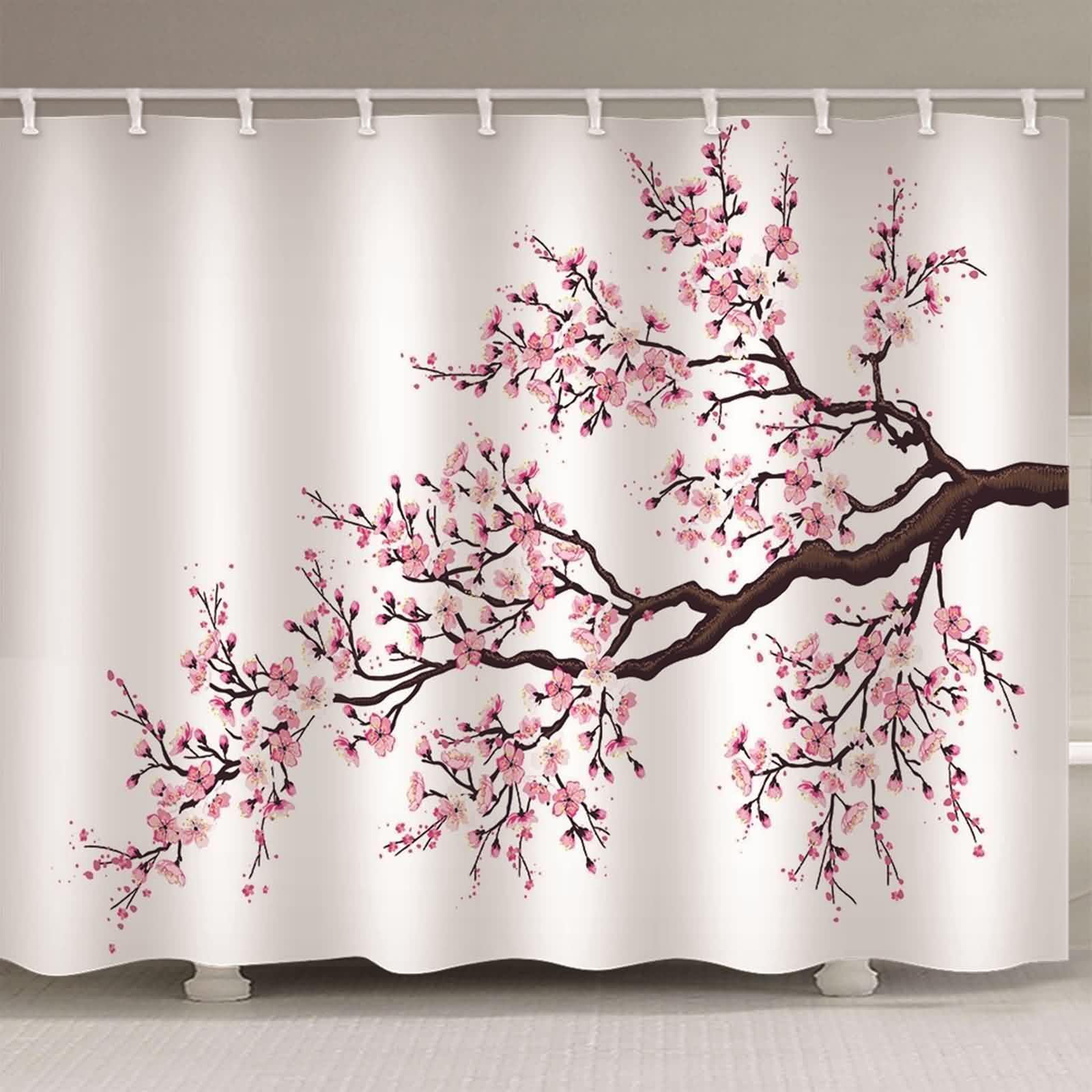 Rideau de douche en textile rose, motif fleur de pêcher, rideau de salle de bain, tissu polyester, résistant à la moisissure, lavable, avec anneaux de rideau de douche