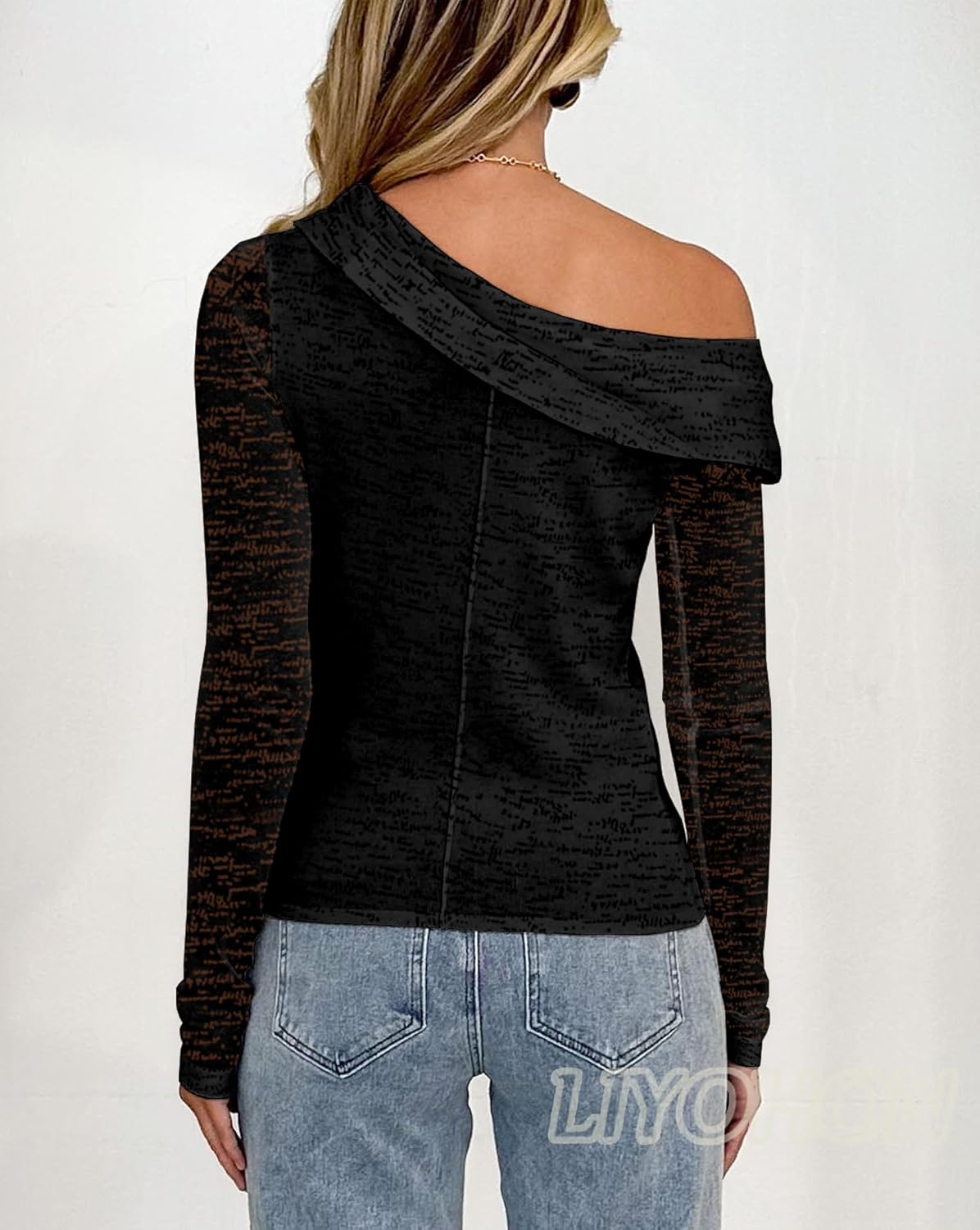 LIYOHON Mesh Sheer Off The Shoulder Long Sleeve Tops for Women Sexy Tight Y2k Date Night Going Out See Through Blouse - Image 6