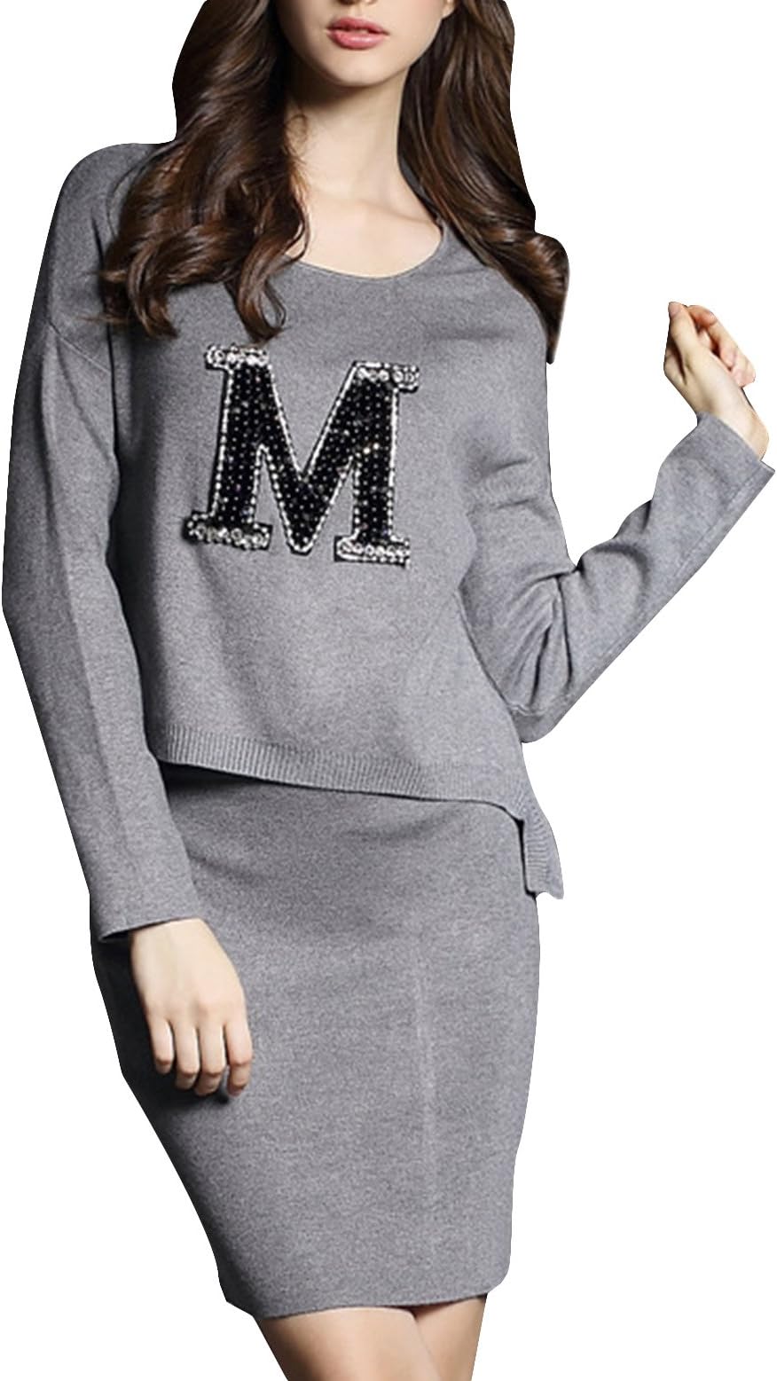 OSY Women's Casual Loose Letter M Print Knitwear Knitting Sweater Classic Dresses Suit M Grey