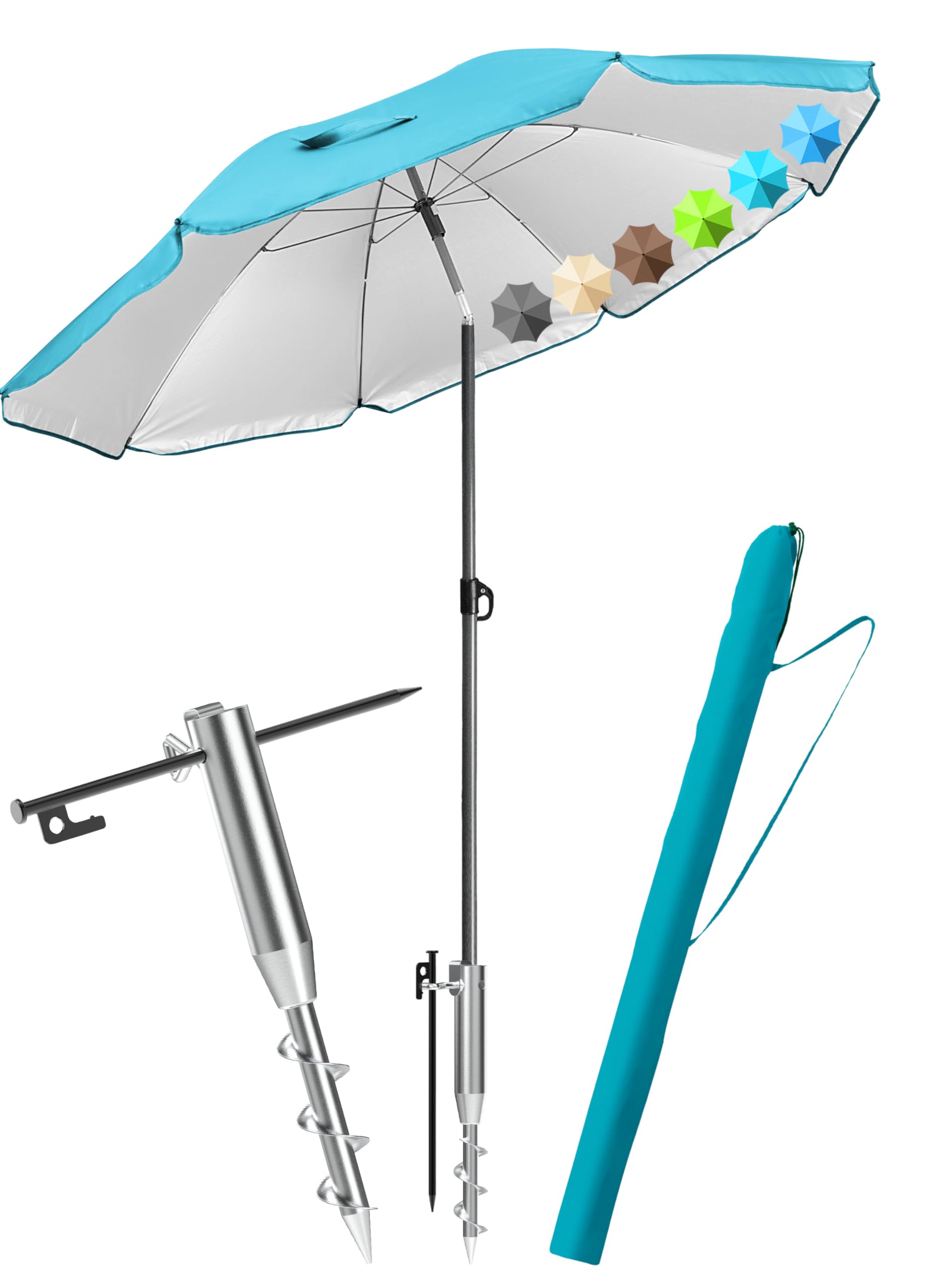 4smile Sonnenschirm Strand Set 3-in-1, Ø 180 cm Strandschirm Windfest Stabil mit Schirmhülle & Eindrehbodenhülse, Sonnenschirm mit Bodendübel, Sonnenschutz Strand, UV Schutz 50+, Fb. Türkis