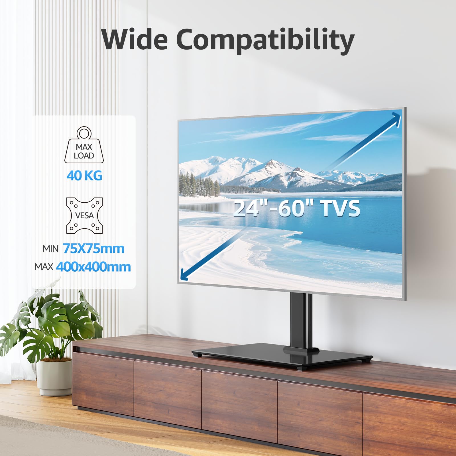 MONTUP Universal TV Stand for 24–60 Inch TV, Height Adjustable Table Top TV Stand Up to 40KG, Pedestal with Bracket Max VESA 400x400mm, EU1335 - 2