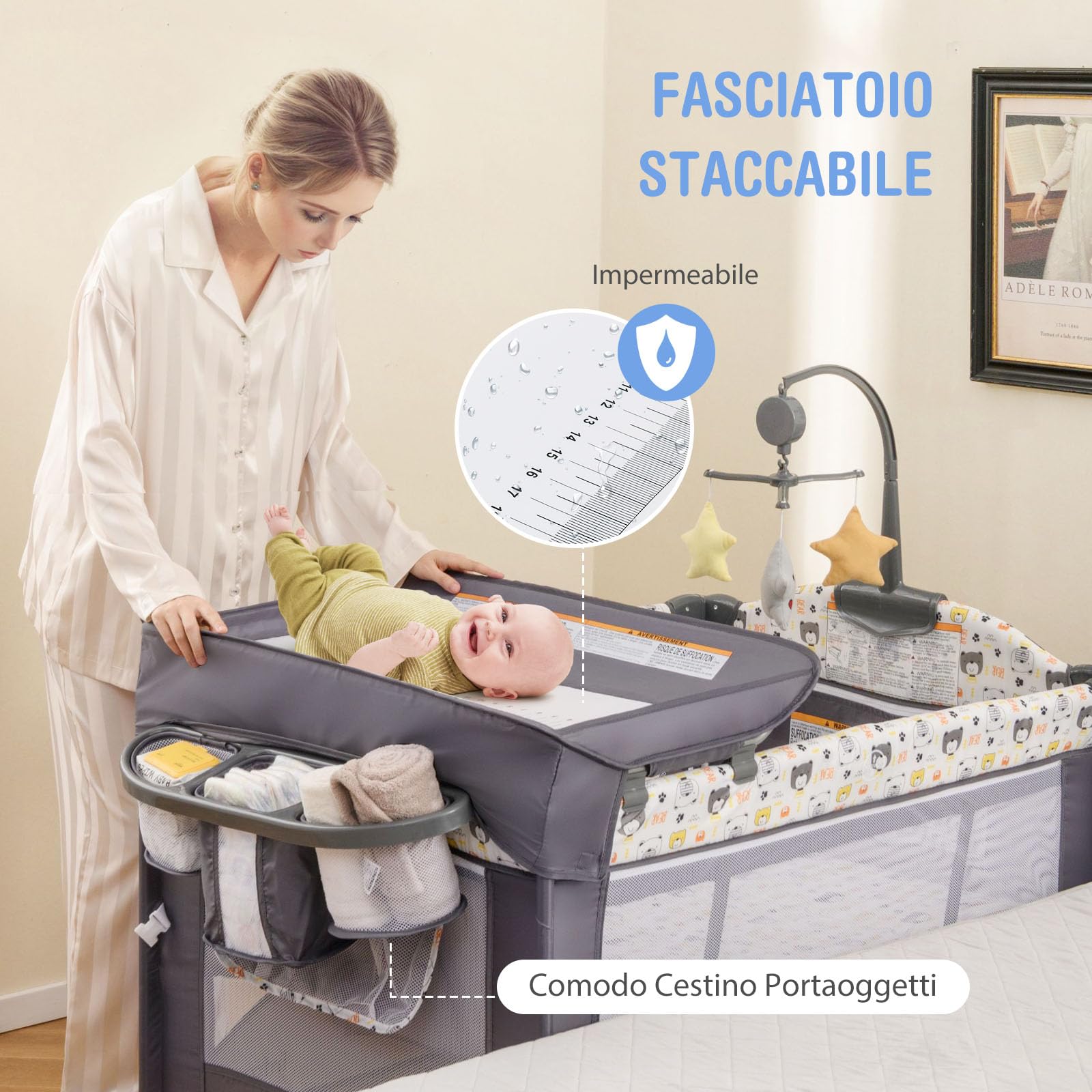 GYMAX Lettino Culla Fianco Letto, con Fasciatoio, Morbido Cuscino, Giocattoli Appesi e Spazio di Stoccaggio, Regolabile in Altezza, Box per Neonato, 2 Ruote e Borsa per Viaggio (Grigio e Giallo)