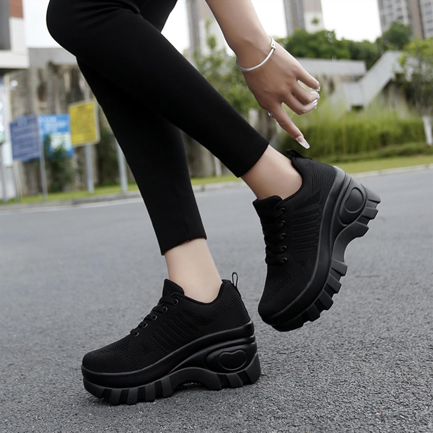Women's Chunky Platform Comfort Orthopedic Wedge Walking Shoes Fashion Knitted Breathable Lace Up Lug Sole Casual Non-Slip Running Shoes with Arch Support - Image 2