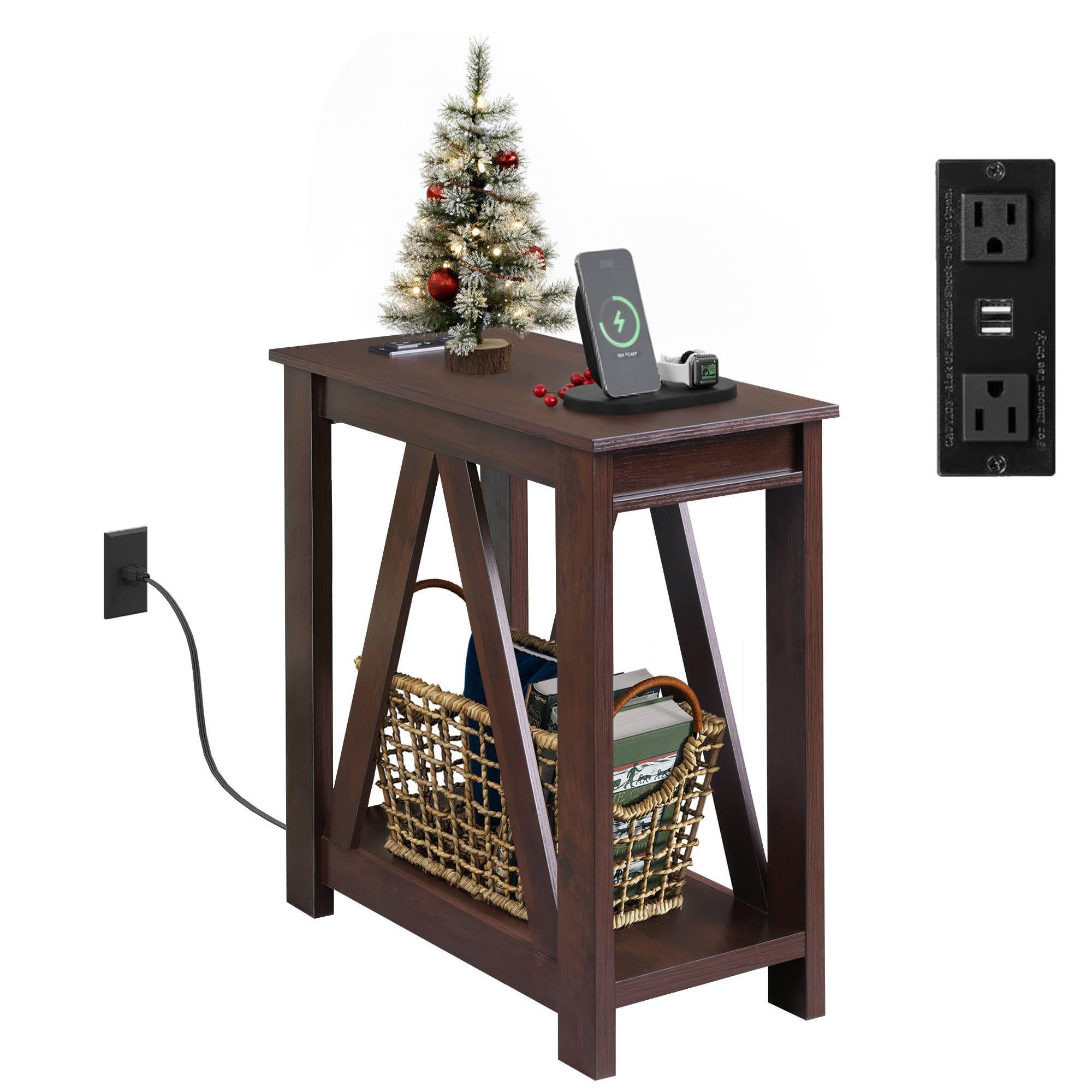 WLIVE Narrow End Table with Charging Station of Open Storage Shelf，Sofa Side Table with 2 USB Ports and 2 Power Outlets，Slim Farmhouse End Table for Small Spaces, 11.8" D x 23.6" W x 23.74" H