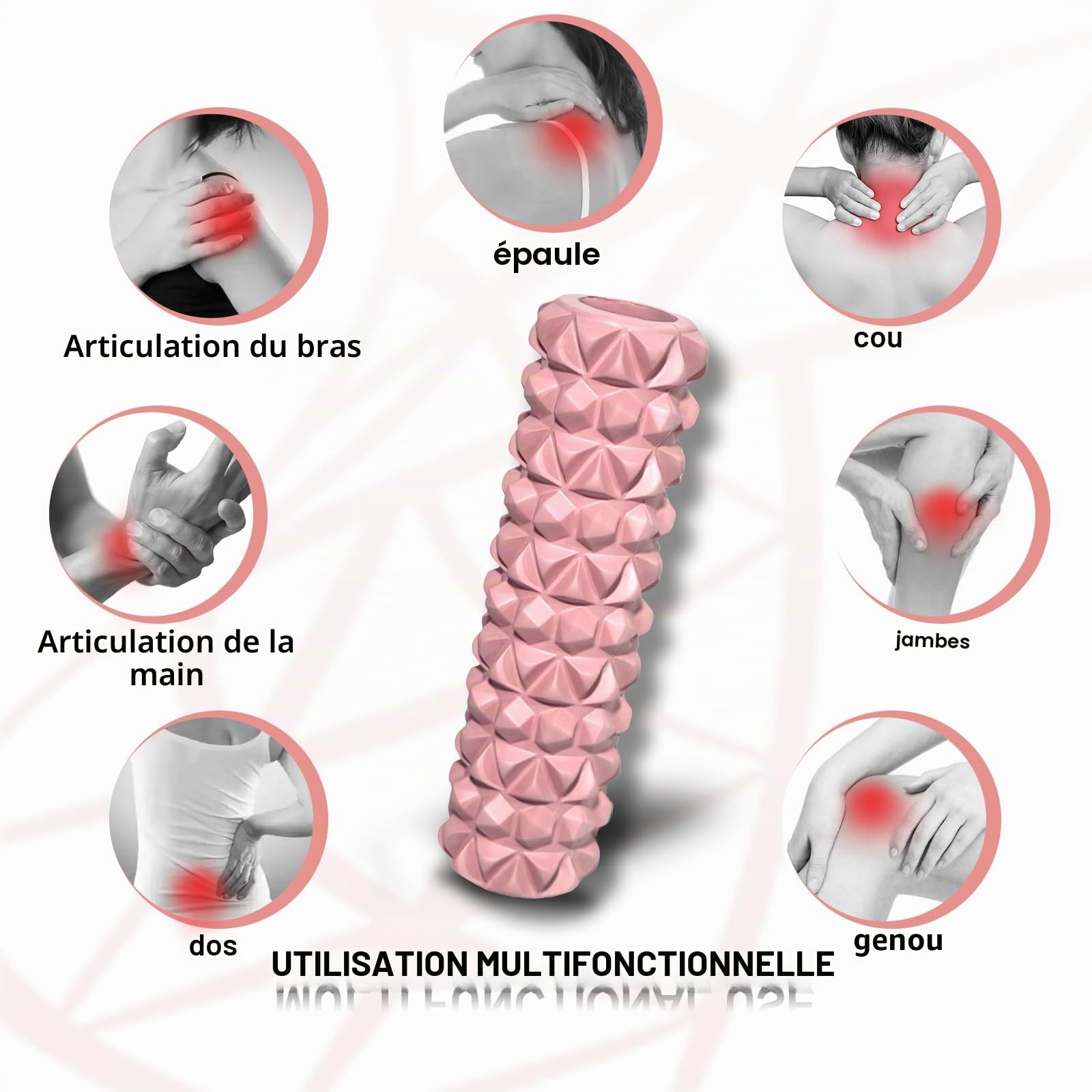 Rouleau de Massage Adulte Unisexe Rouleau Massage en Mousse à Quadrillage Foam Roller pour Soulager les Tensions Musculaires la Pression dans le Dos Rouleau de Massage Musculaire 30×8cm (Rose)