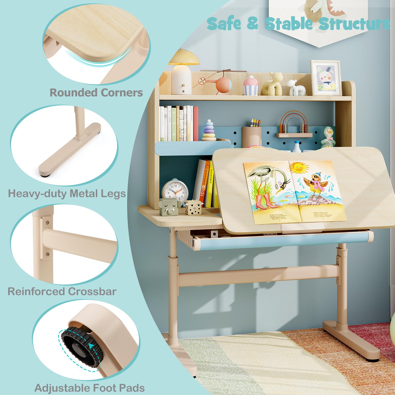 LIFEZEAL Escritorio Infantil con Bandeja Reclinable, Altura Ajustable, Cajón, Estante y Soporte de Lectura Retráctil, Patas de Metal, Mesa de Estudio para Niños de 3 a 12 Años (Azul)