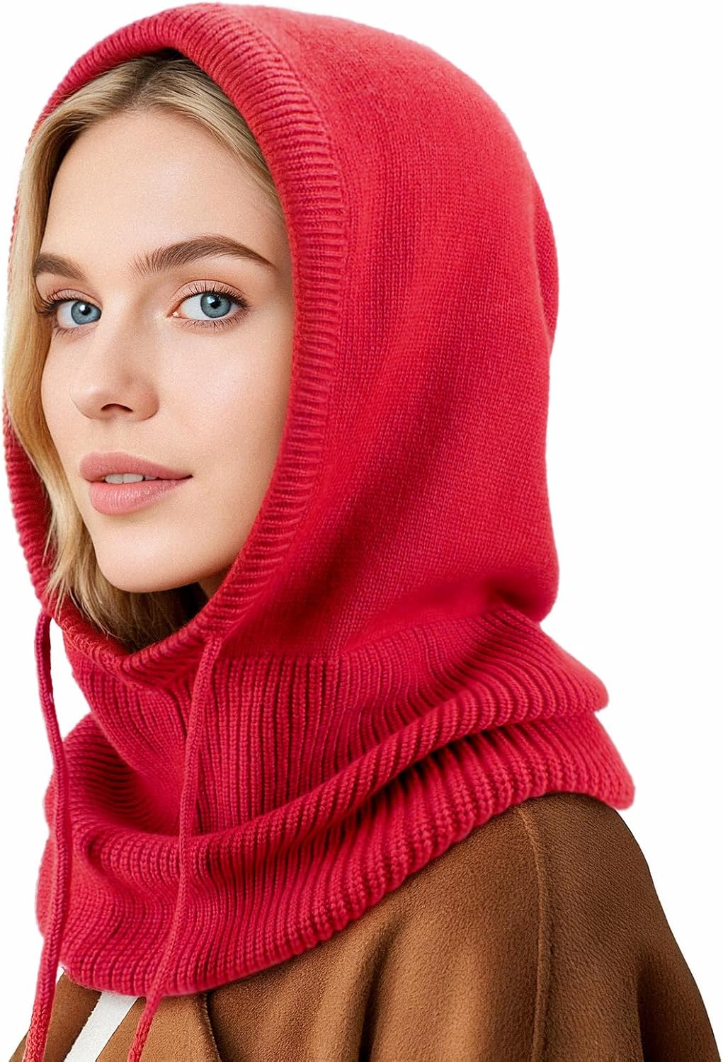 Hooded Scarf Hat Knit Balaclava Women Beanie Skull Cap with Drawstring Warm Winter Hats for Women Men Outdoor Sports