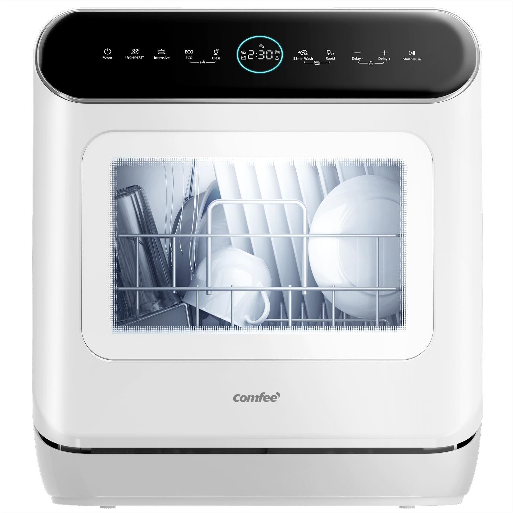 COMFEE' CDWMP305W-IT Lavastoviglie A Libera Installazione, 3 coperti, Design compatto da tavolo 435×420×465 mm, Facile installazione, Riempimento manuale, Programmi multipli, classe energetica D