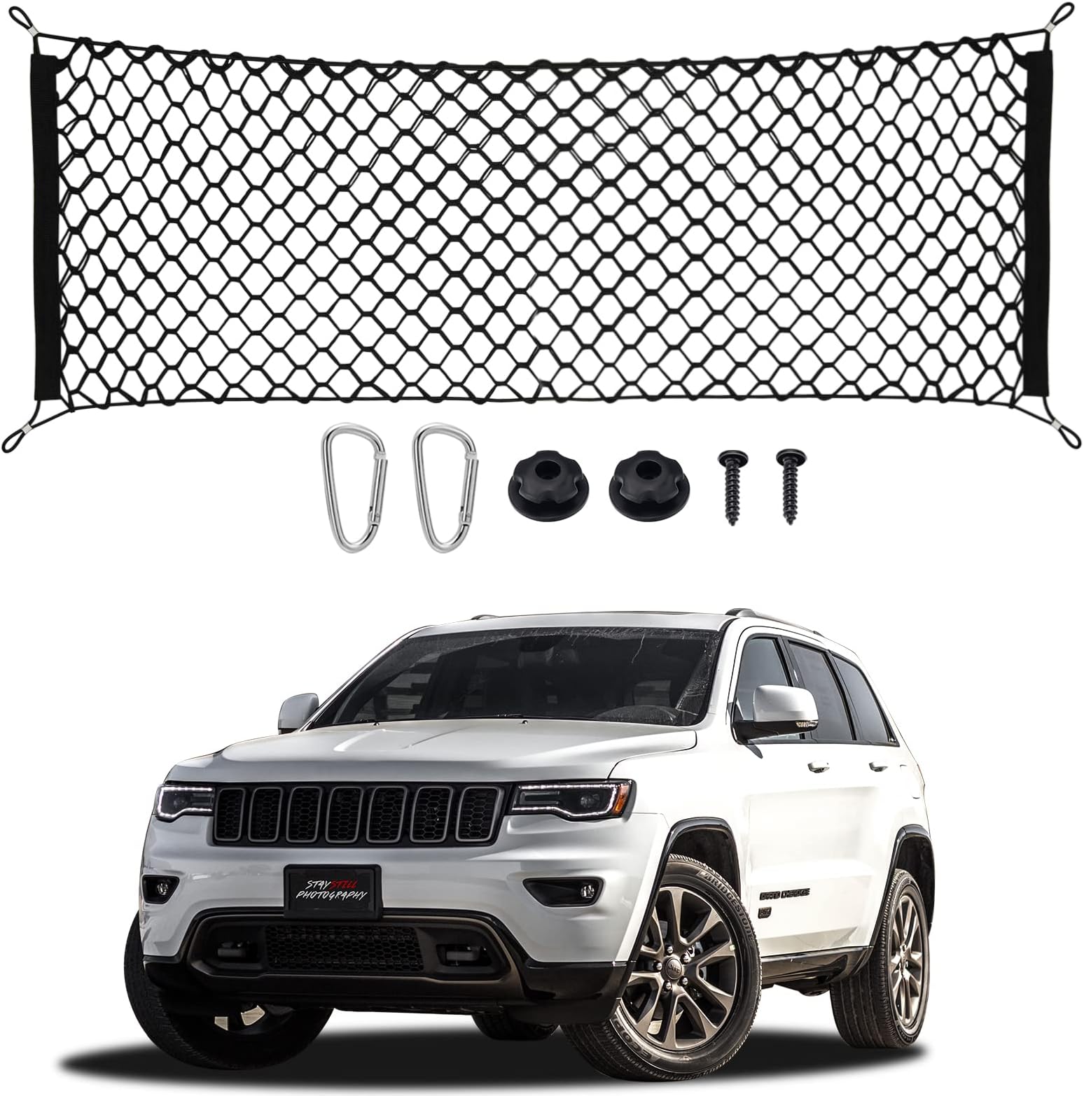 Heavy Duty Stretchable Cargo Net, Black, Metal Hooks, Elastic Trunk Storage Net, Compatible with Jeep Grand Cherokee Accessories (2011-2021)