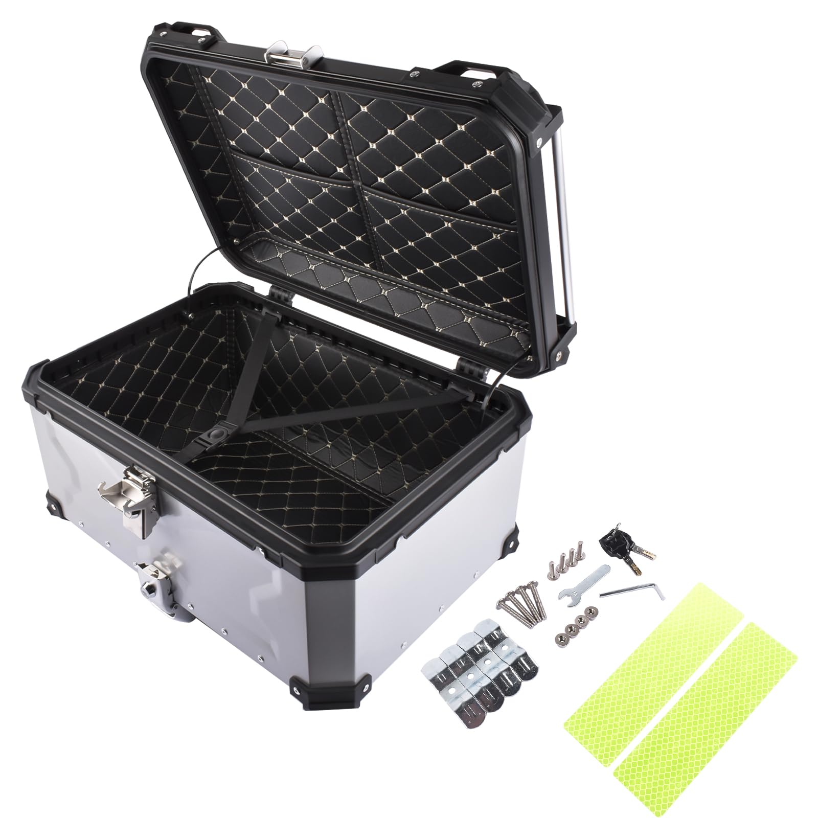 65L Motorrad Topcase, Wasserdicht Motorrad Top Box Topcase Roller Koffer mit Sicherheitsschloss, Motorradkoffer mit InstallierenTrägerplatte (Silber)