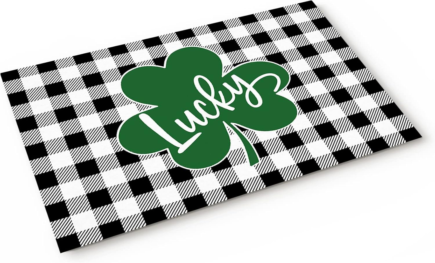 Door Mat St. Patrick's Day Lucky Green Shamrock Black and White Buffalo Plaid Welcome Mats for Front Door,Indoor Outdoor Entry Doormat,Non-Slip Kitchen Rug,Washable Floor Mat for Bathroom 20x31.5inch