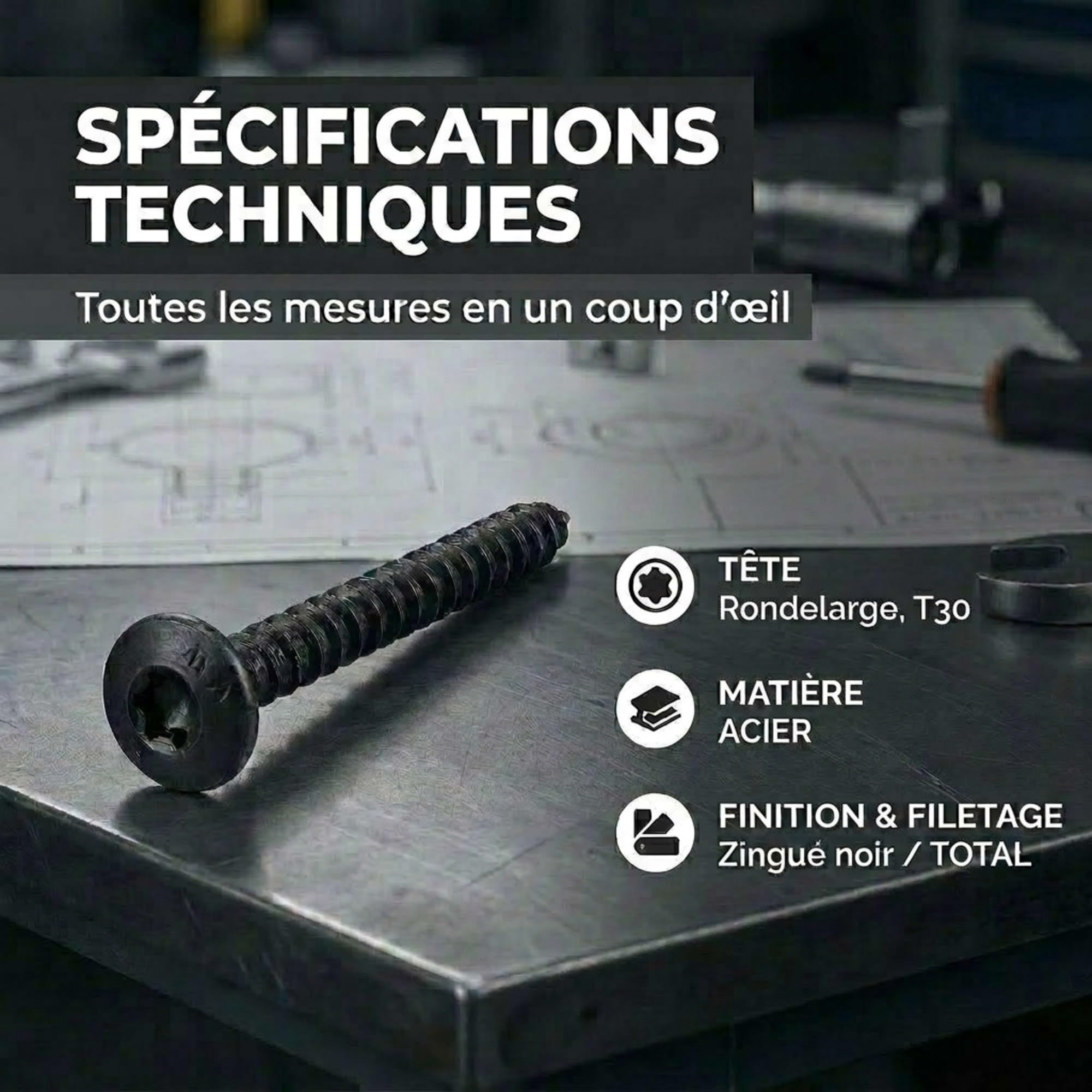 100 Vis Penture Torx acier zingués Noir 7,0 mm - Longueur 70 mm