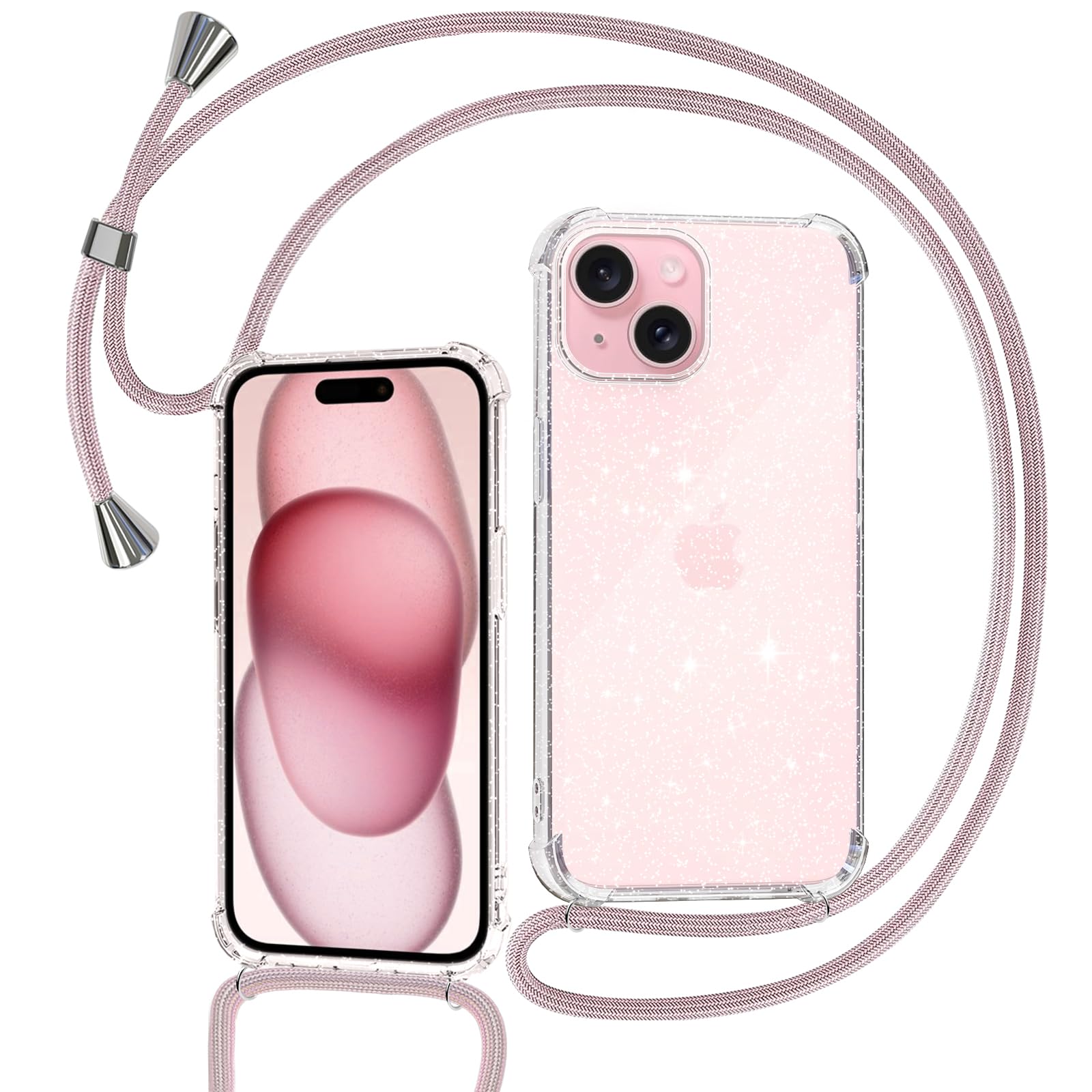Handyhülle Mit Band Für IPhone 15 – Transparent, Glitzer, 3D-Schleife, 160 Cm Kordel