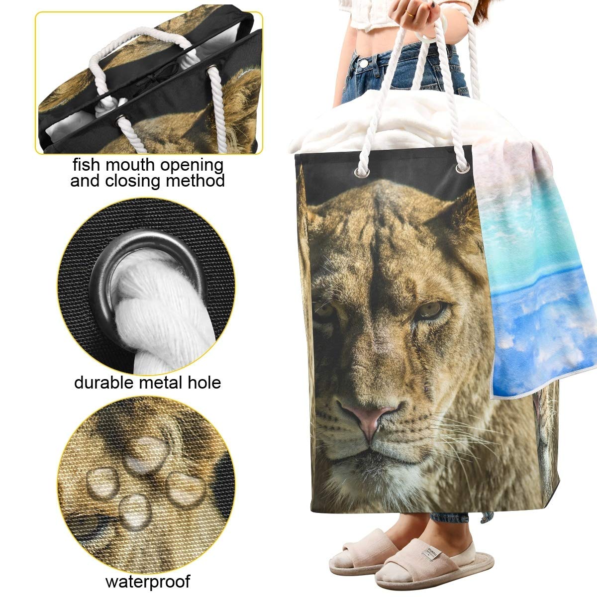 Lioness Wäschesack, groß, freistehend, faltbar, mit Tragegriffen, Schwarz