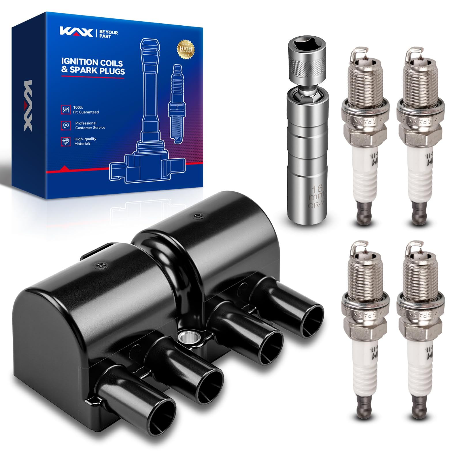 KAX 1 Ignition Coil &amp; 4 Spark Plugs Set Fit for Aveo Aveo5 Forenza Reno