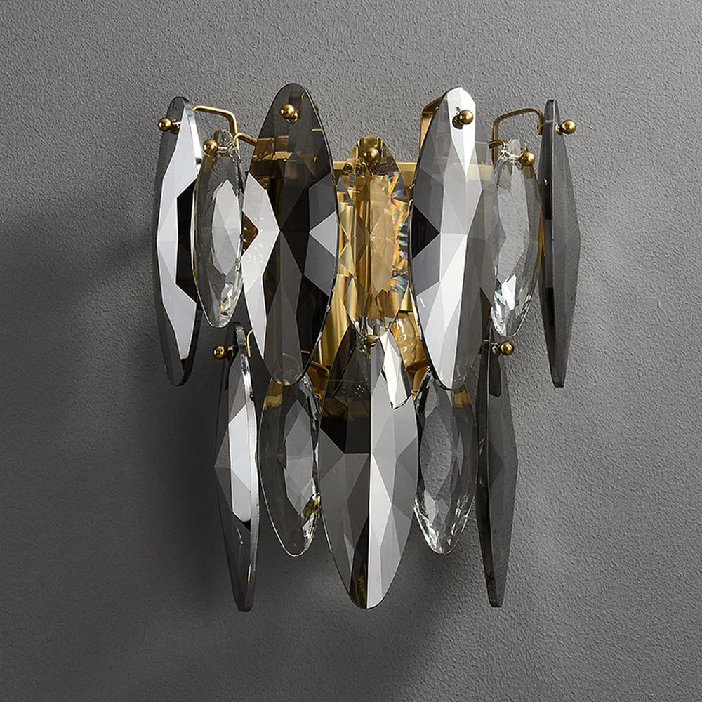 FYZDLAOR Wall Lights of Brass Frame Living Room Wall Sconces with Smoke Grey K9 Crystal Glass Shade,Wall Mounted Lighting Fixtures for Hallways Indoor(E14)