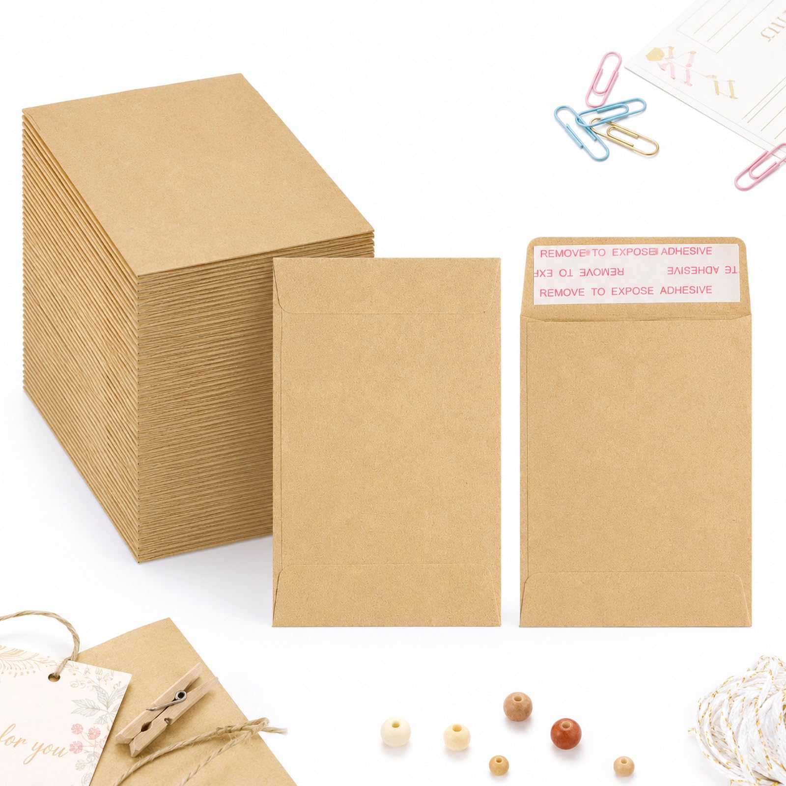 PAZNZJT 80PCS 9x6cm Small Brown Envelopes, Mini Coin Cash Gift Envelopes