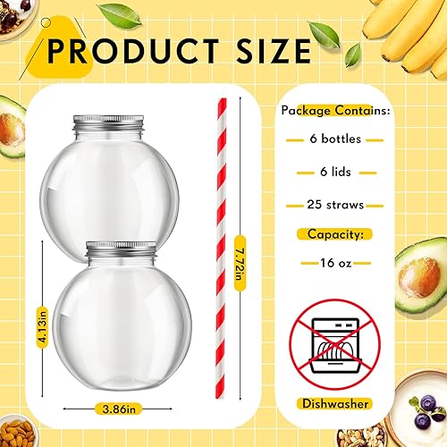 Miniatura 2 de Tazones de hiedra de plástico de 16 onzas para bebidas con tapas de aluminio y pajitas de papel, vasos esféricos transparentes para juegos de
