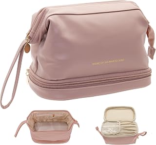 Cosmetic Travel Bags for Women, Elegant PU Leather Big Roomy Makeup Bag, Double Layer Make Up Bag Travelling with Brushes Layer, Portable Large Capacity Skincare Organizer Pouch, Gift for Ladies