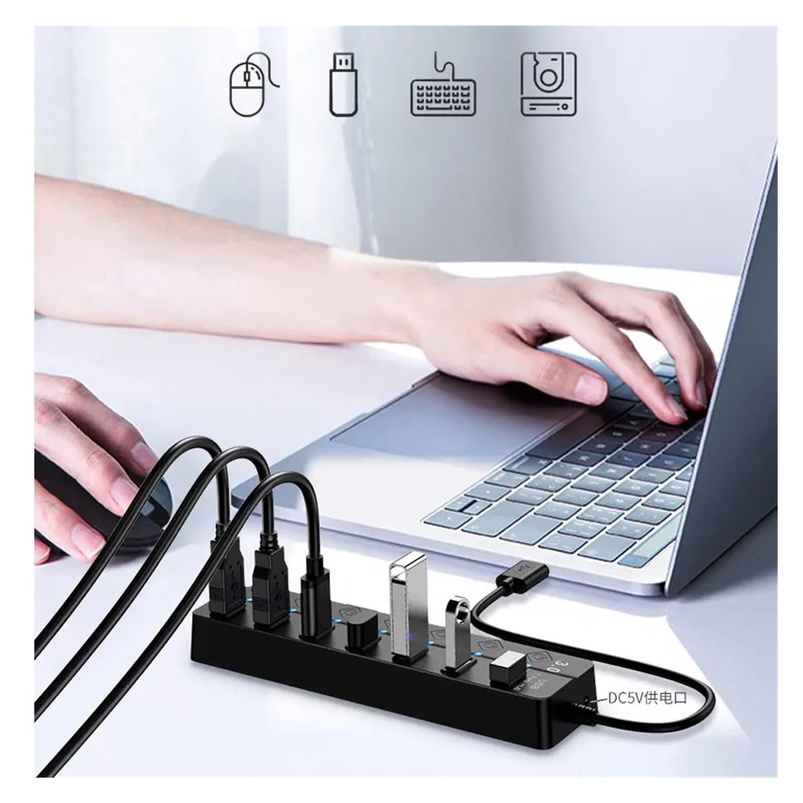 Adattatore Di Alimentazione USB 3.0 Hub Splitter Multi A 4/7 Porte 2. Switch Espansione Multiplo Cavo Da 30 Cm Capacità Di Ricarica Rapida(Black-3.0-7 ports)