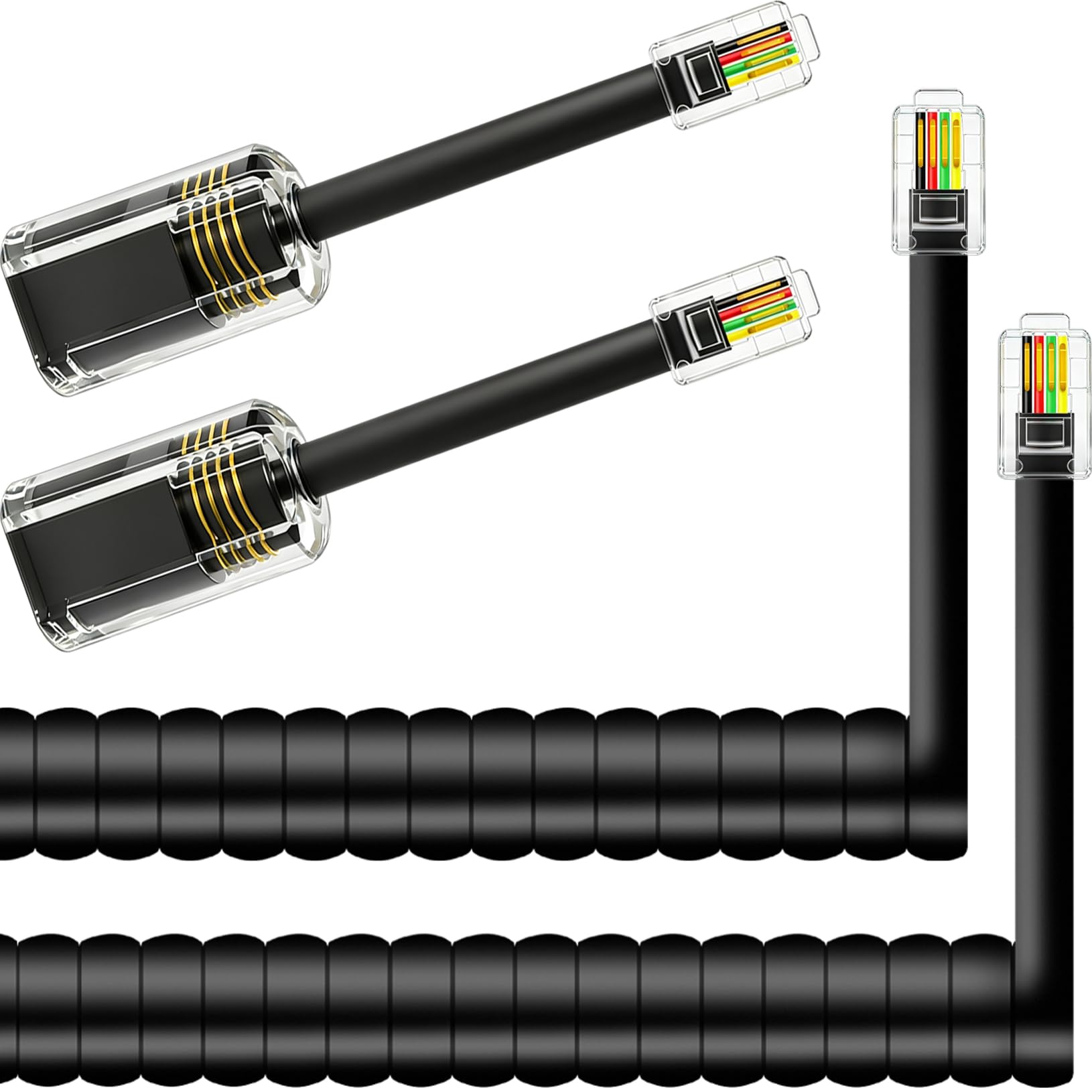 NECABLES Paquete de 2 + 2 cables de teléfono sin enredos para teléfono fijo, 2 cables de teléfono y 2 desenredantes para teléfono de escritorio, color negro