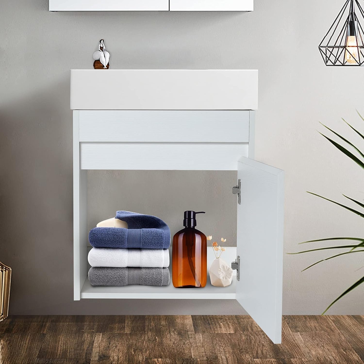 Floating Bathroom Vanity with Sink Combo for Small Space, 18" Wall Mounted Bath Storage Cabinet Vanity Set with Wood Door and Resin Basin, Modern White