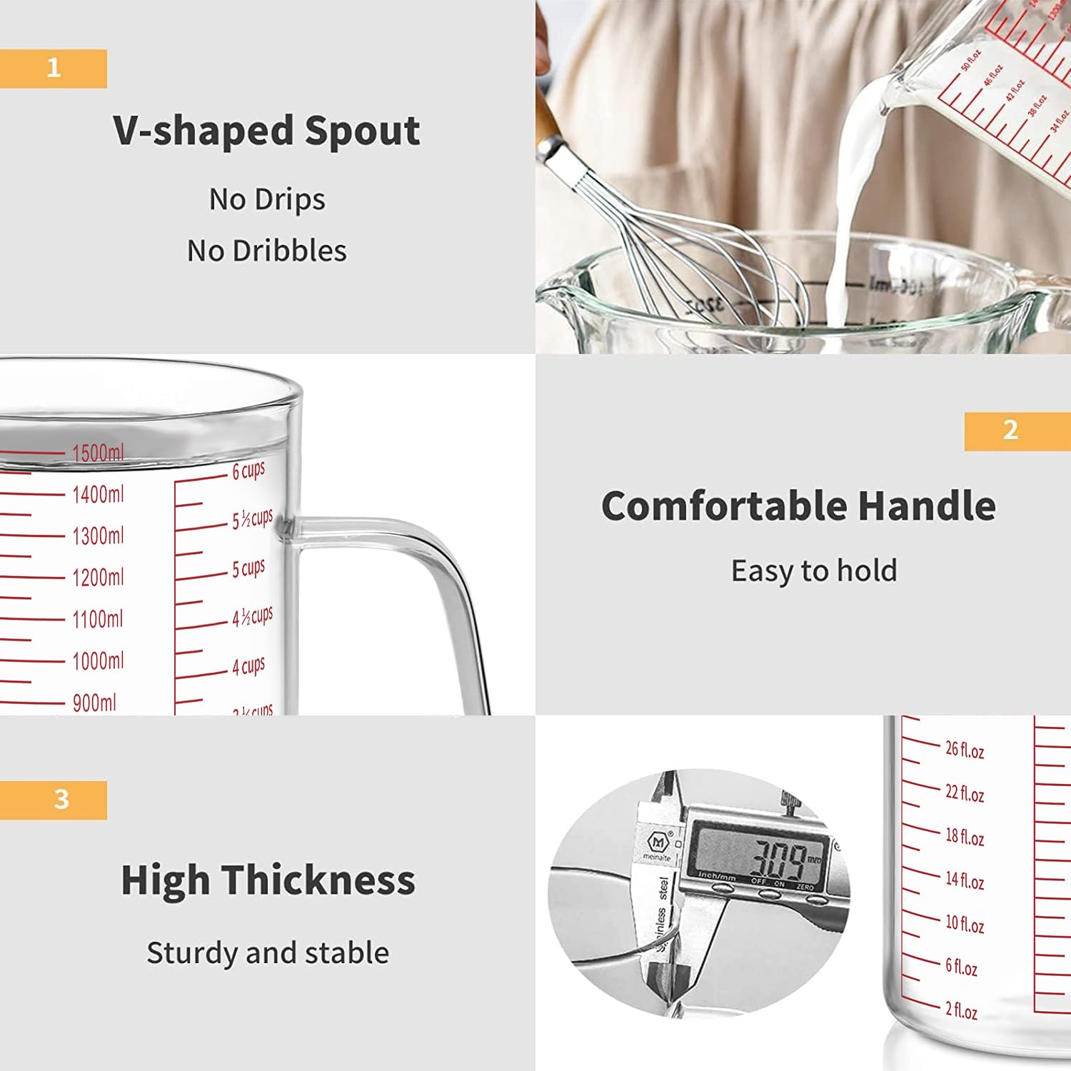 Luvan Taza medidora de vidrio de 6 tazas, fácil de leer con 3 escalas de medición (Ml/oz/taza), mango aislado y boquilla en forma de V, taza medidora de vidrio de borosilicato alto, ideal para cocina