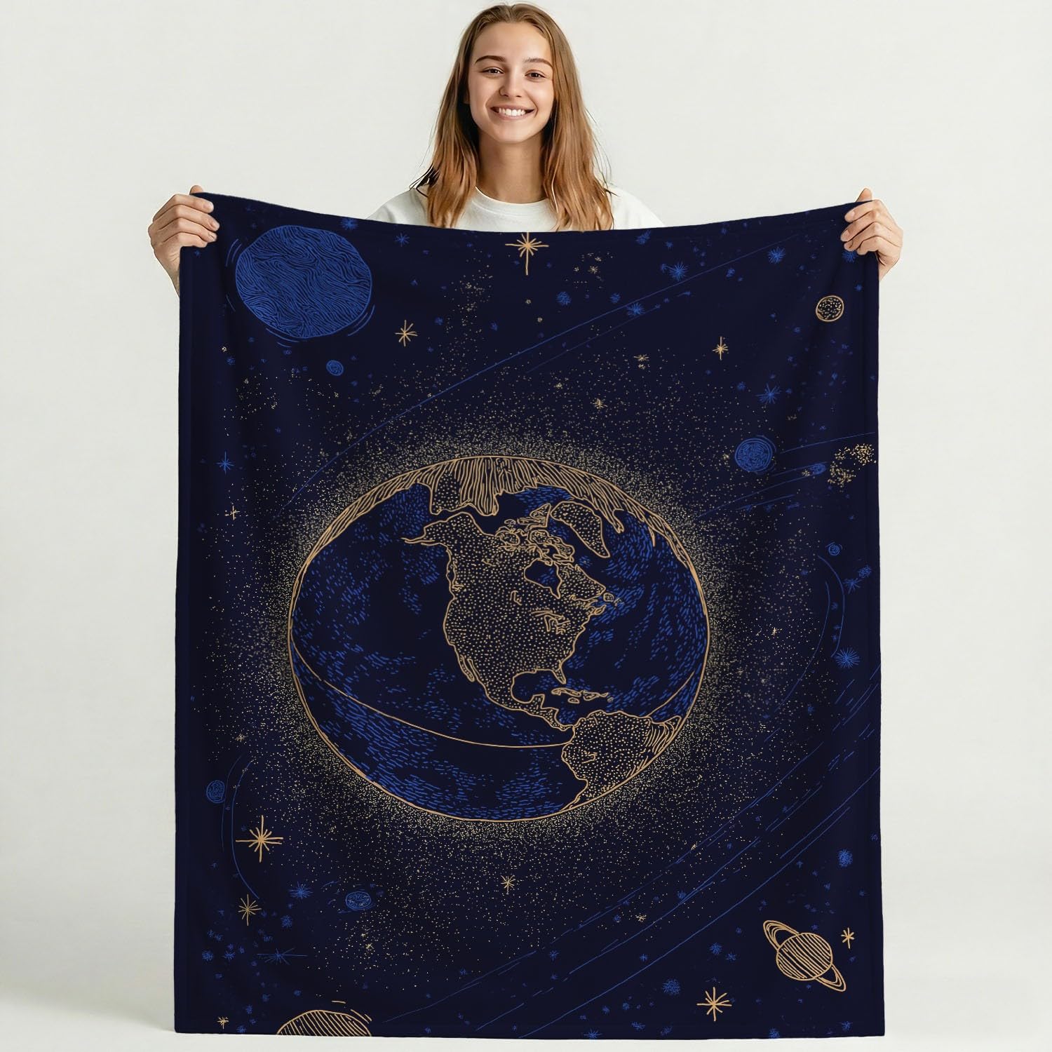Miękki koc polarowy – 150 x 150 cm, przytulny, flanelowy, pluszowy, puszysty, narzuta na sofę, łóżko, kanapę lub krzesło, niebieski złoty, fantastyczny, tajemnicza przestrzeń, ziemia, prezent dla
