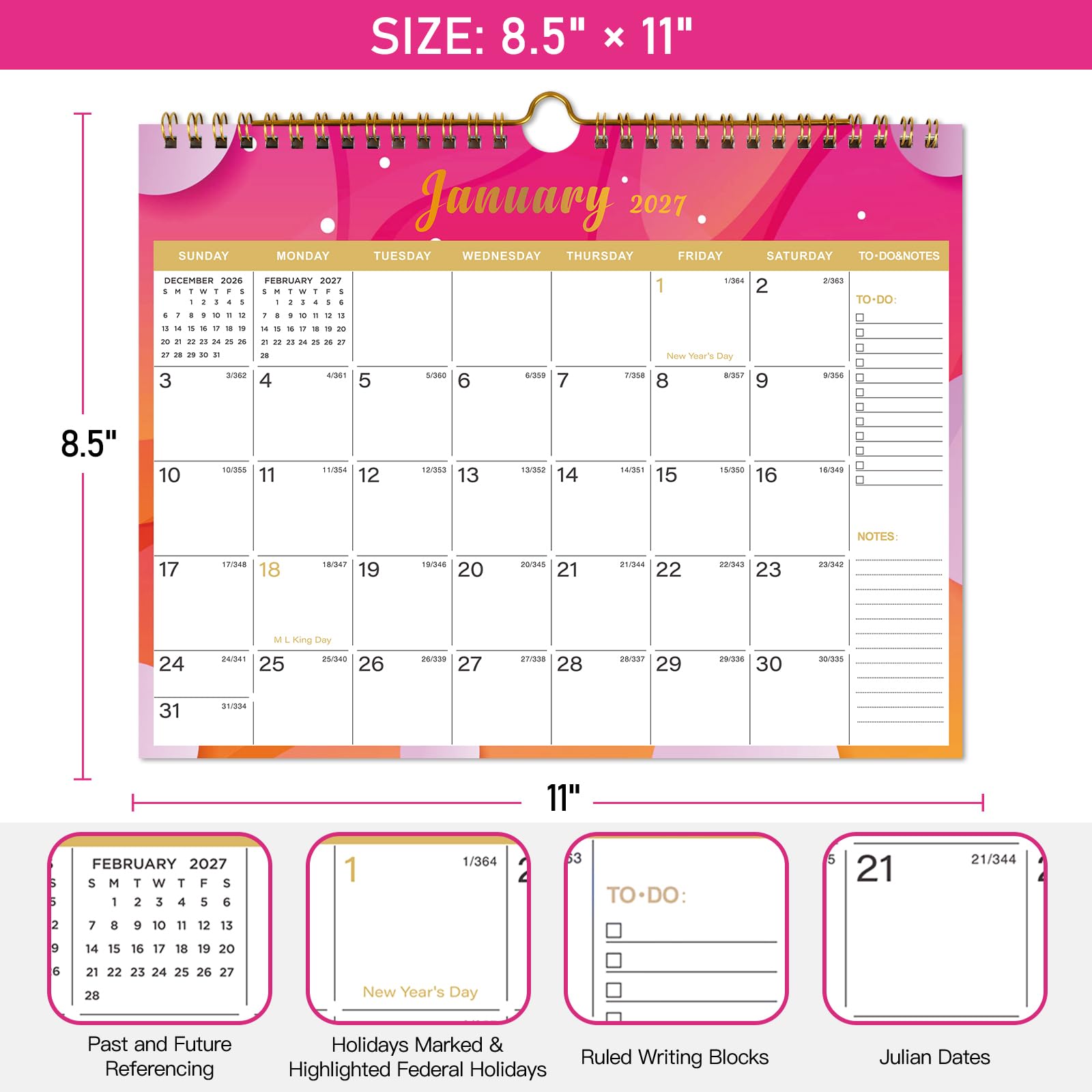 Lbylyhxc Kalender 2026–2027 – inklusive Monats-Wandkalender Juli 2026 bis Dezember 2027–18, 2026–2027, 27,9 x 21,6 cm. Dickes Papier mit Julianischen Daten und Block für Neujahrs- und
