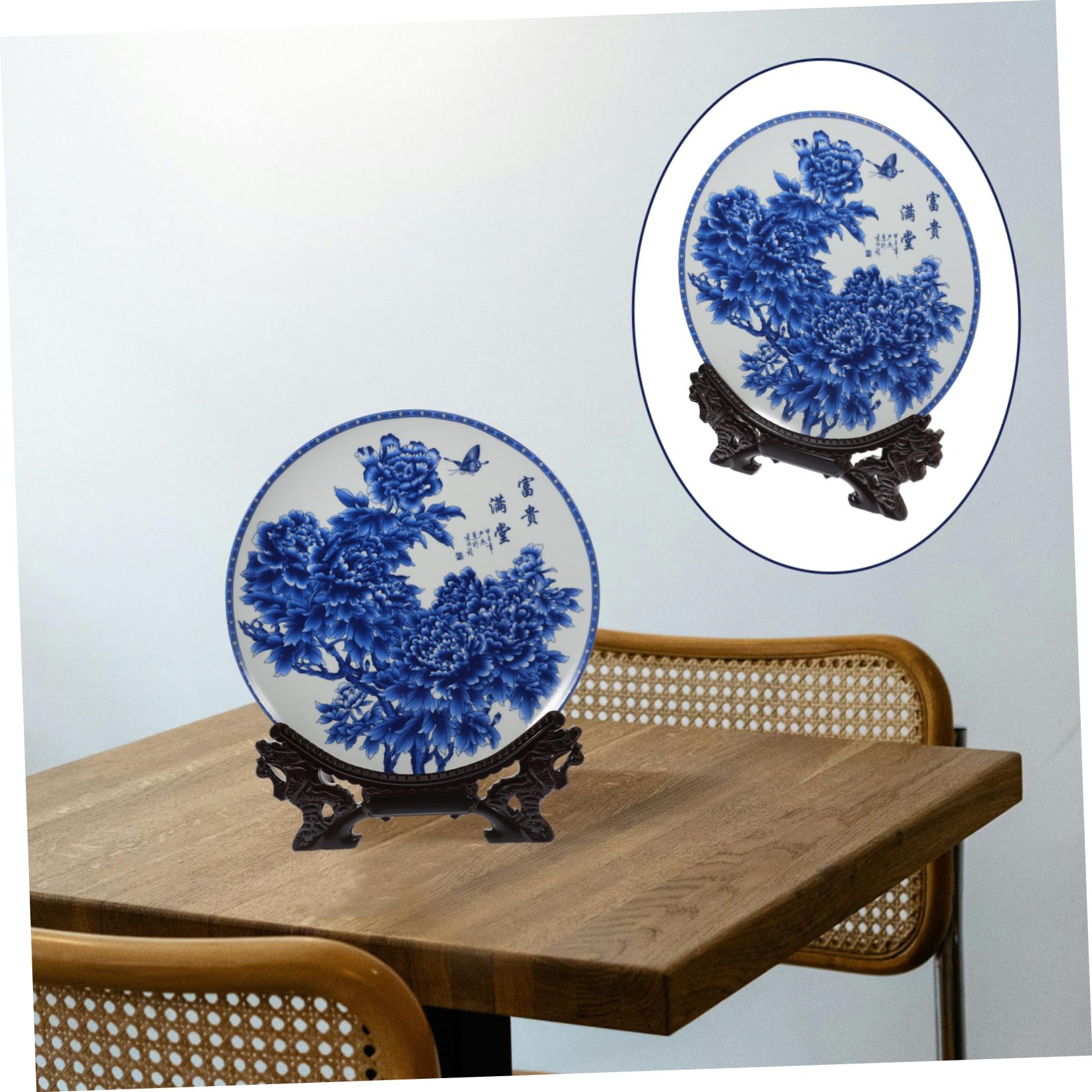 ULTECHNOVO Plato Decorativo Diseño Creativo y Atractivo de Cerámica Fácil de Limpiar con Soporte de Madera y Adecuado para Decoración del Hogar o Obsequio