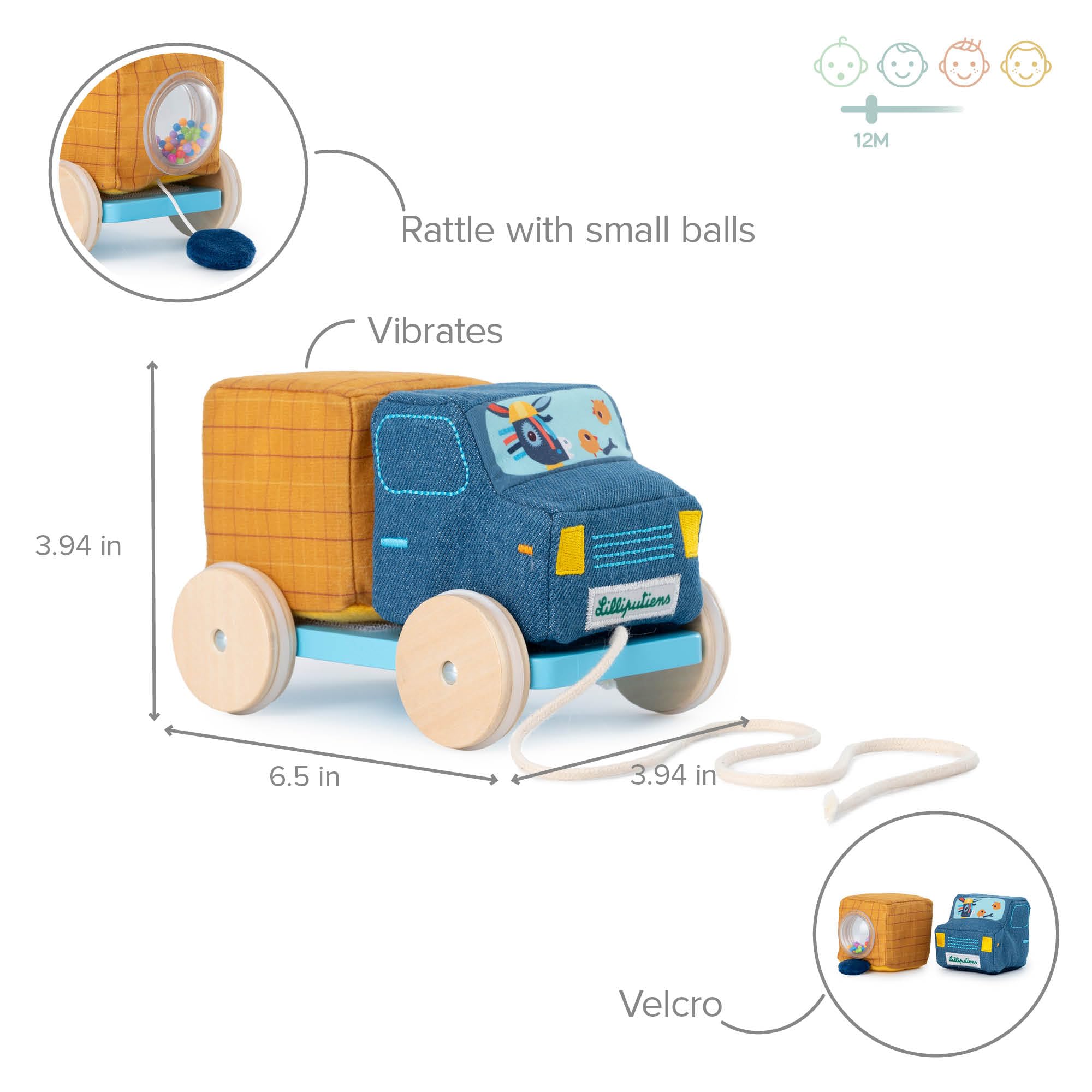 LILLIPUTIENS - Camion toupie à Tirer - Jouet d’éveil avec Sons et Actions - Tourne la toupie, Fais Rouler Le Camion et Amuse-toi avec Stella et Lapin - Stimule la motricité - Dès 18 Mois - 83514