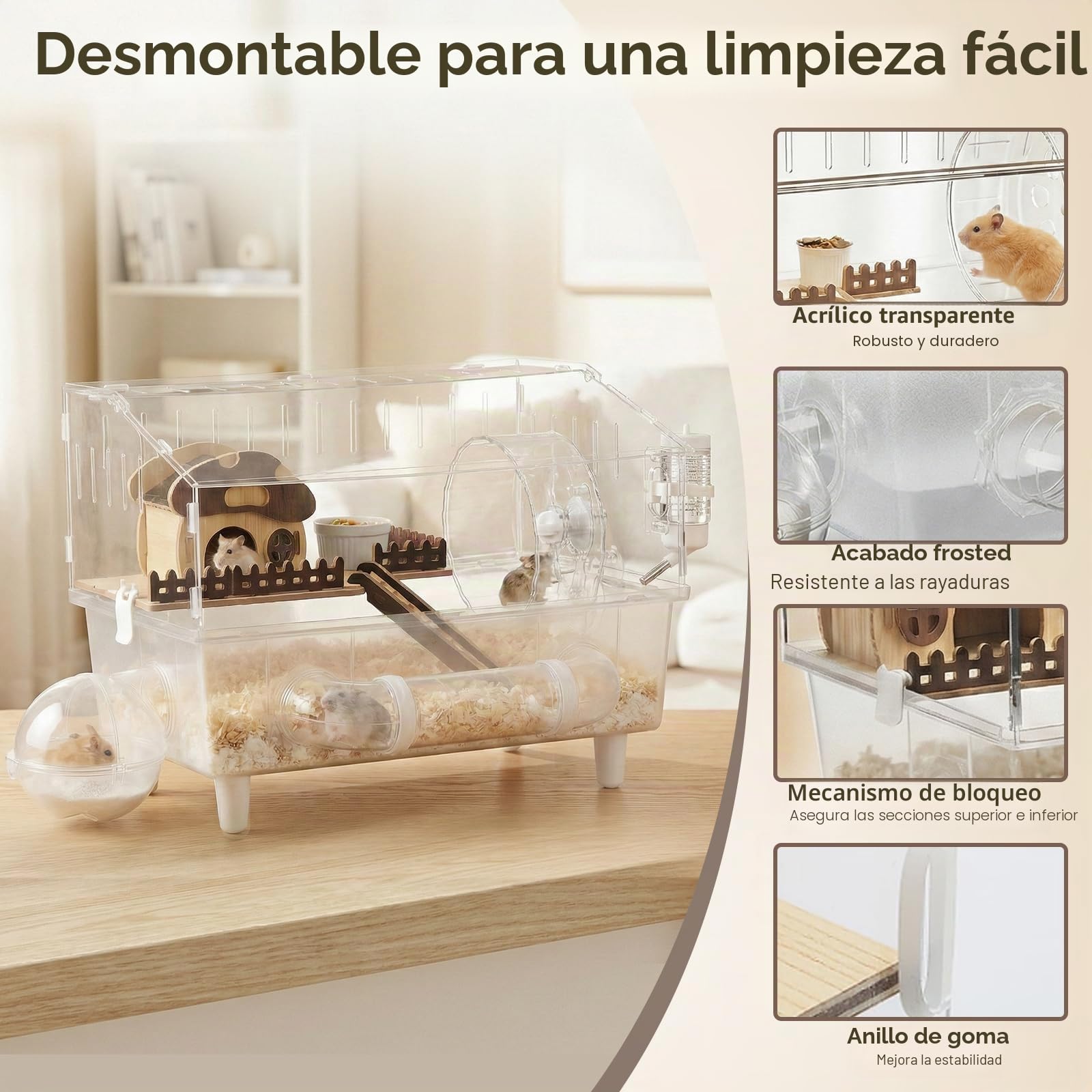 Gran jaula de acrílico para hámster con tapa abatible, 45 x 28 x 34 cm, completamente transparente, con decoraciones de casa de setas, apta para 5 a 8 hámsters