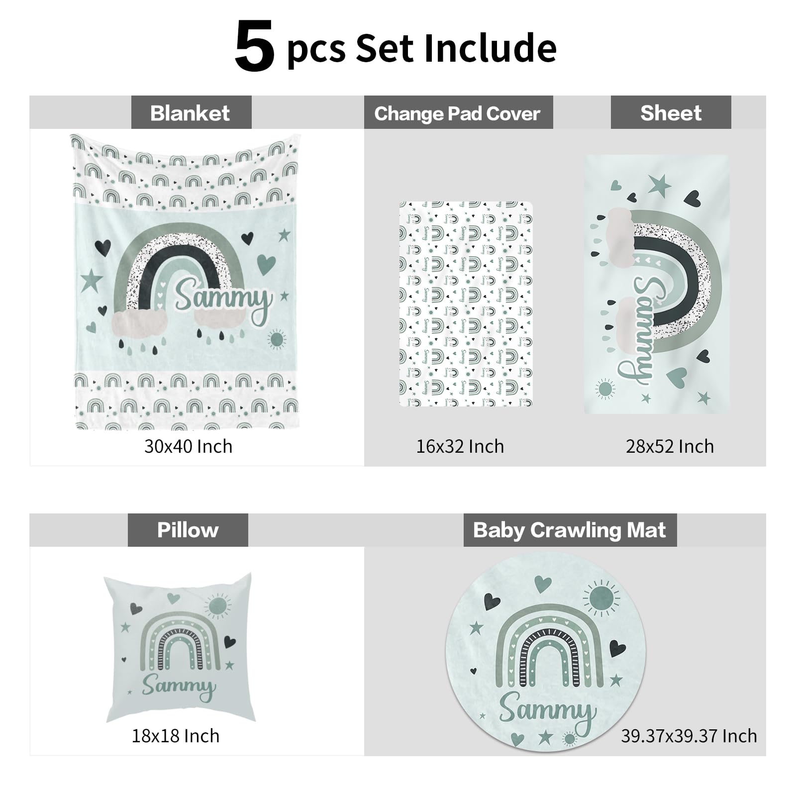 Juego de ropa de cama para cuna de bebé, 5 piezas, juego de cuna de guardería con bolas y diseño de arco iris, manta de bebé con nombre personalizado, sábana bajera para cuna, funda de
