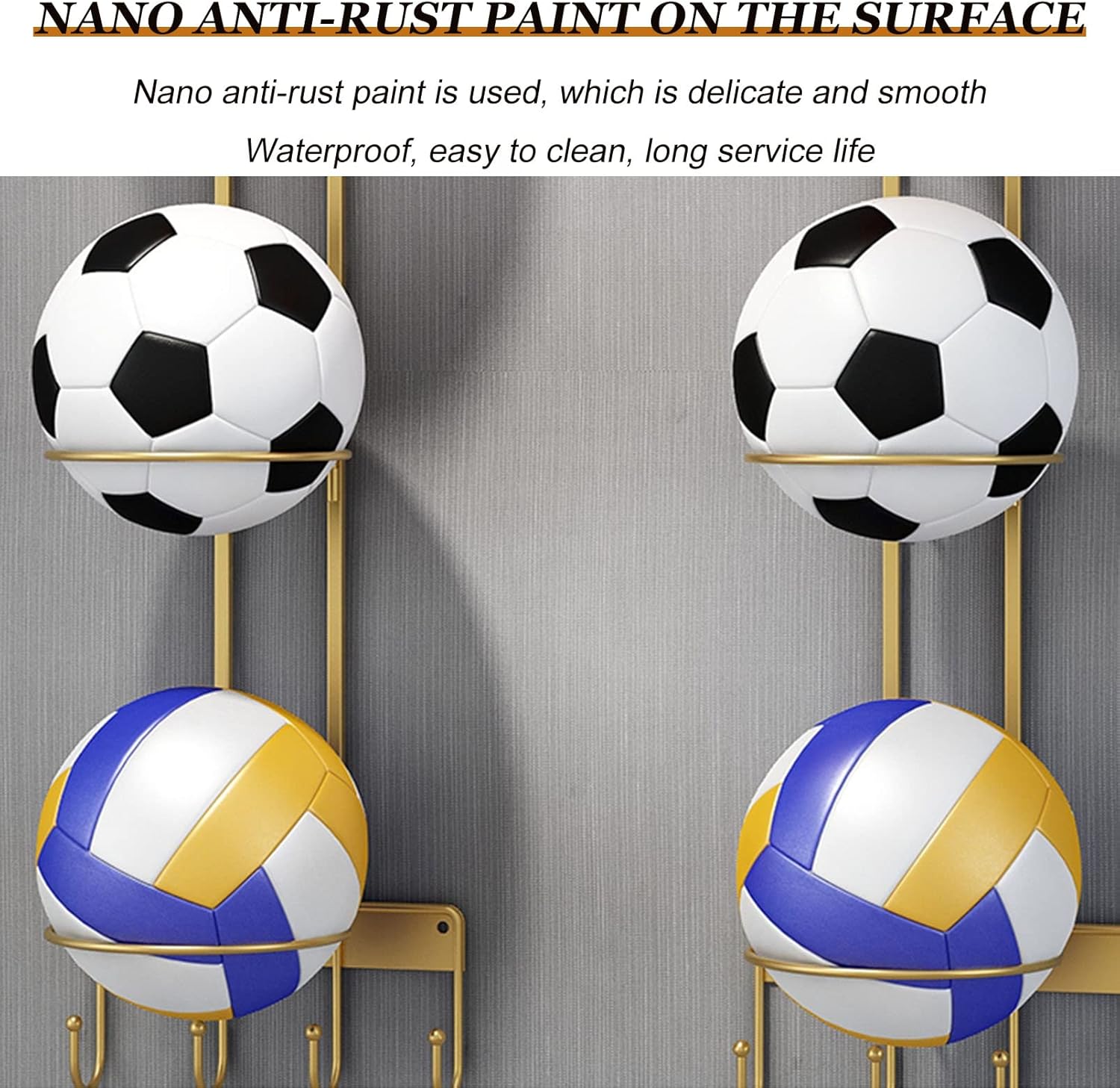 Wall Mount Ball Storage Racks, Basketball Storage Stand Metal Display Shelving, Sports Ball Storage Holder with Hooks, Garage Sports Equipment Organizer for Volleyball Ru（Black-1 piece wall shelf）