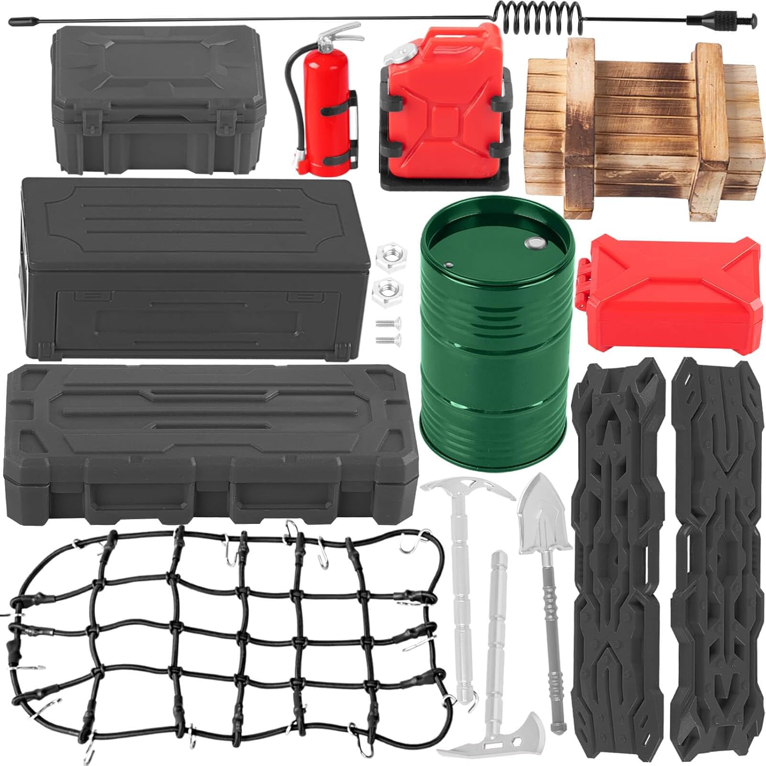 RC Crawler Car Decoration Upgrades Part for 1/10 Trx4 Trx6 SCX10 GEN 7/8,15 Pcs RC Crawler Car roof Decoration Luggage Net/Wood Box/Tank/Recovery Board/Toolbox/Shovel/Axe/Antennas,Green