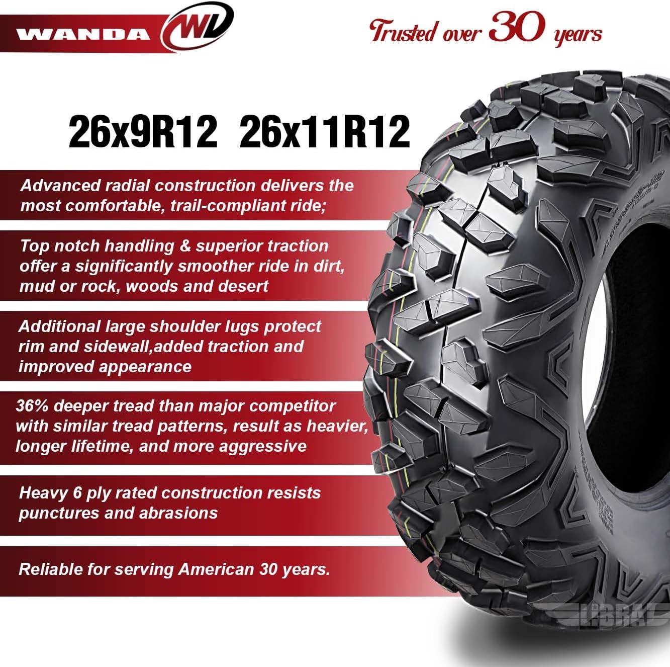WANDA Set of 4 Radial ATV Tires 26x9R12 & 26x11R12 for 14-17 Polaris Ranger 900 CREW/XP
