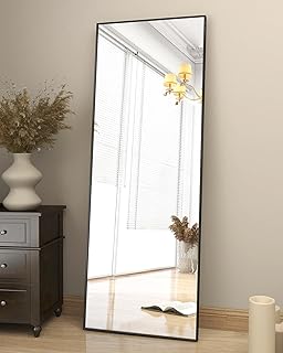 Koonmi 163 x 53 cm Standing Mirror, Sturdy Full Length Mirror with Minimalist Slim Aluminium Frame, Modern Large Wall Mirror Standing or Hanging for Living Room and Bedroom, Black