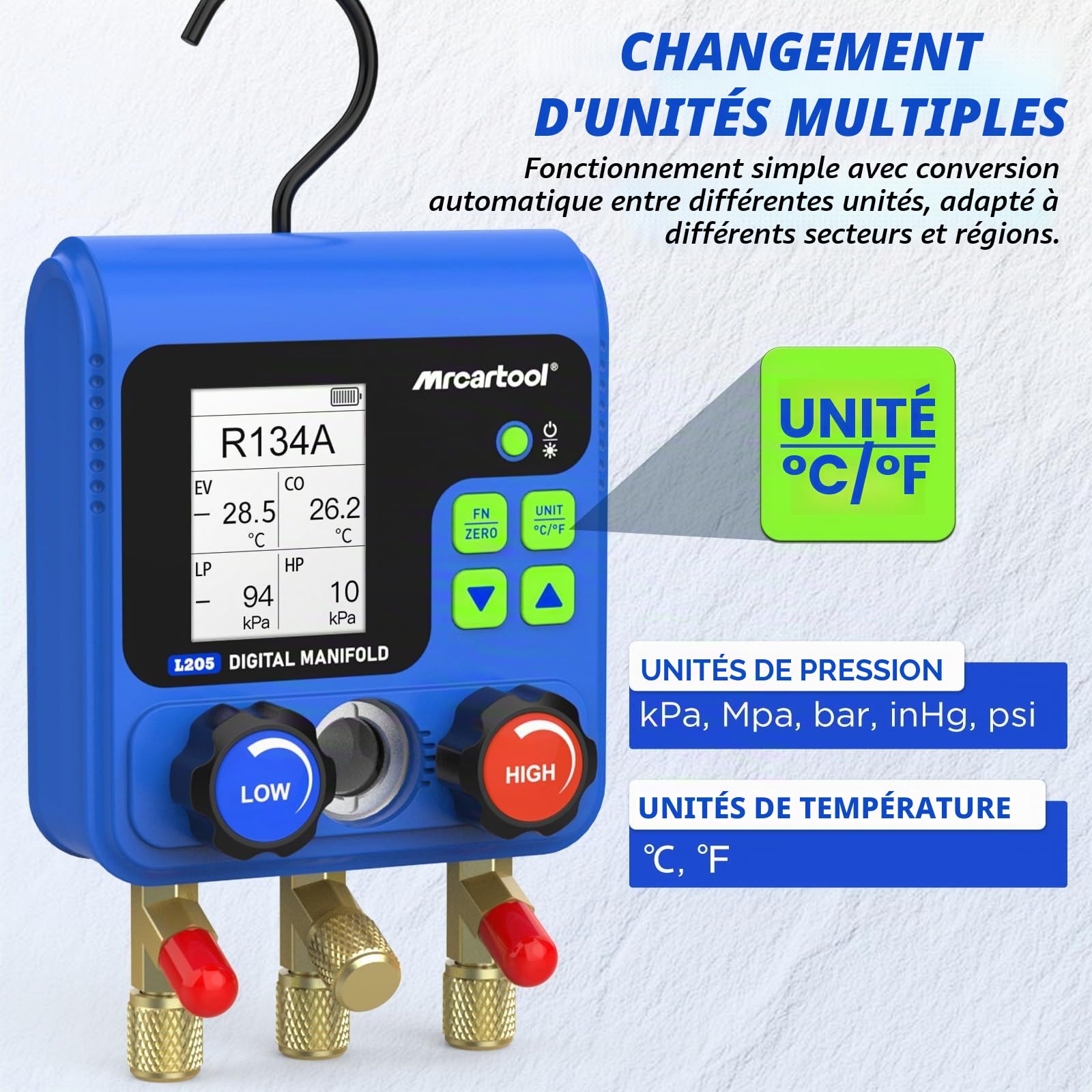 MRCARTOOL Outil de montage de réfrigérant L205 Distributeur numérique pour climatisation avec affichage de 92 réfrigérants HVAC R134A R32 R410A R11 R12 R422 R600