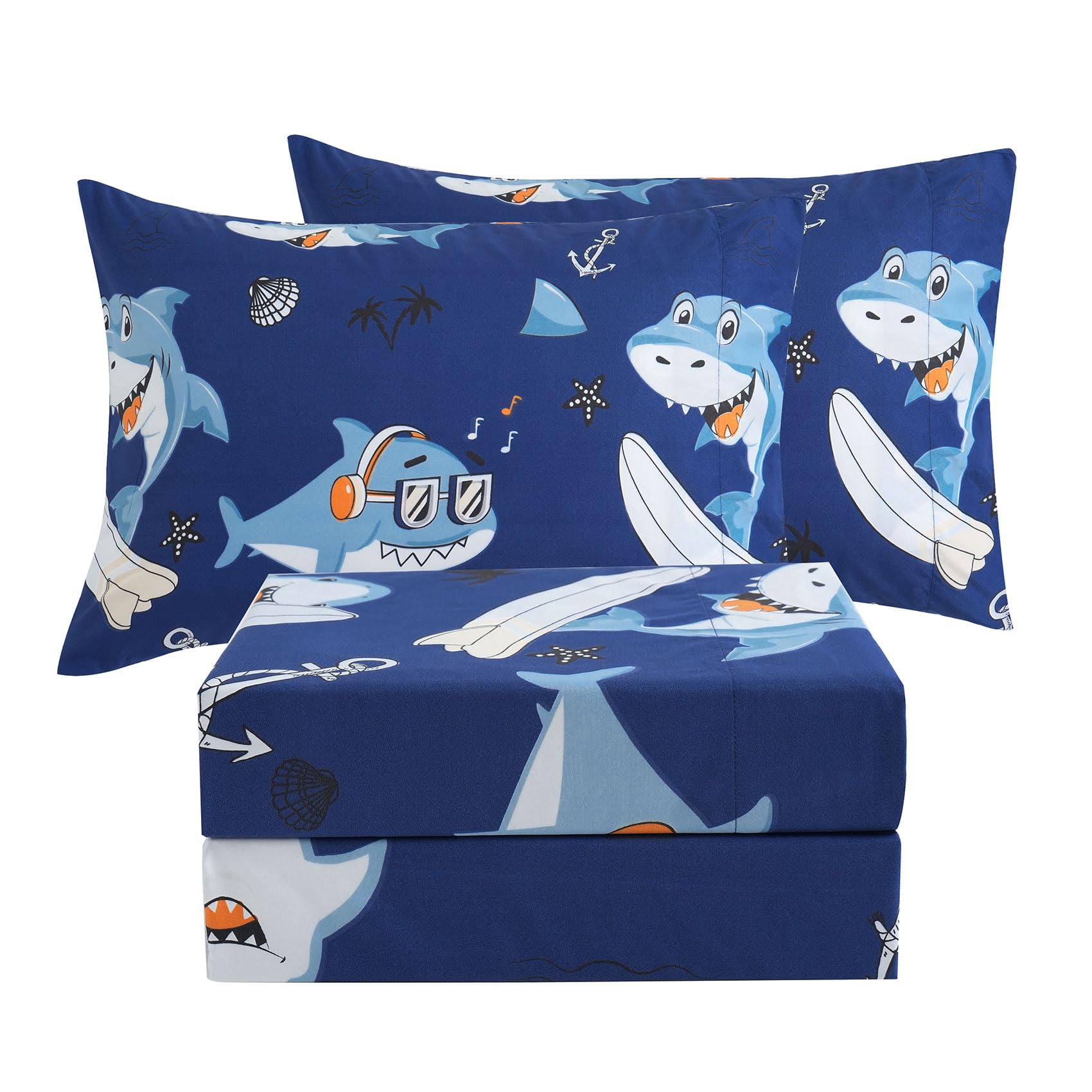 JSD Blue Nautical Shark Kids Full Sheet Set 4 Piece