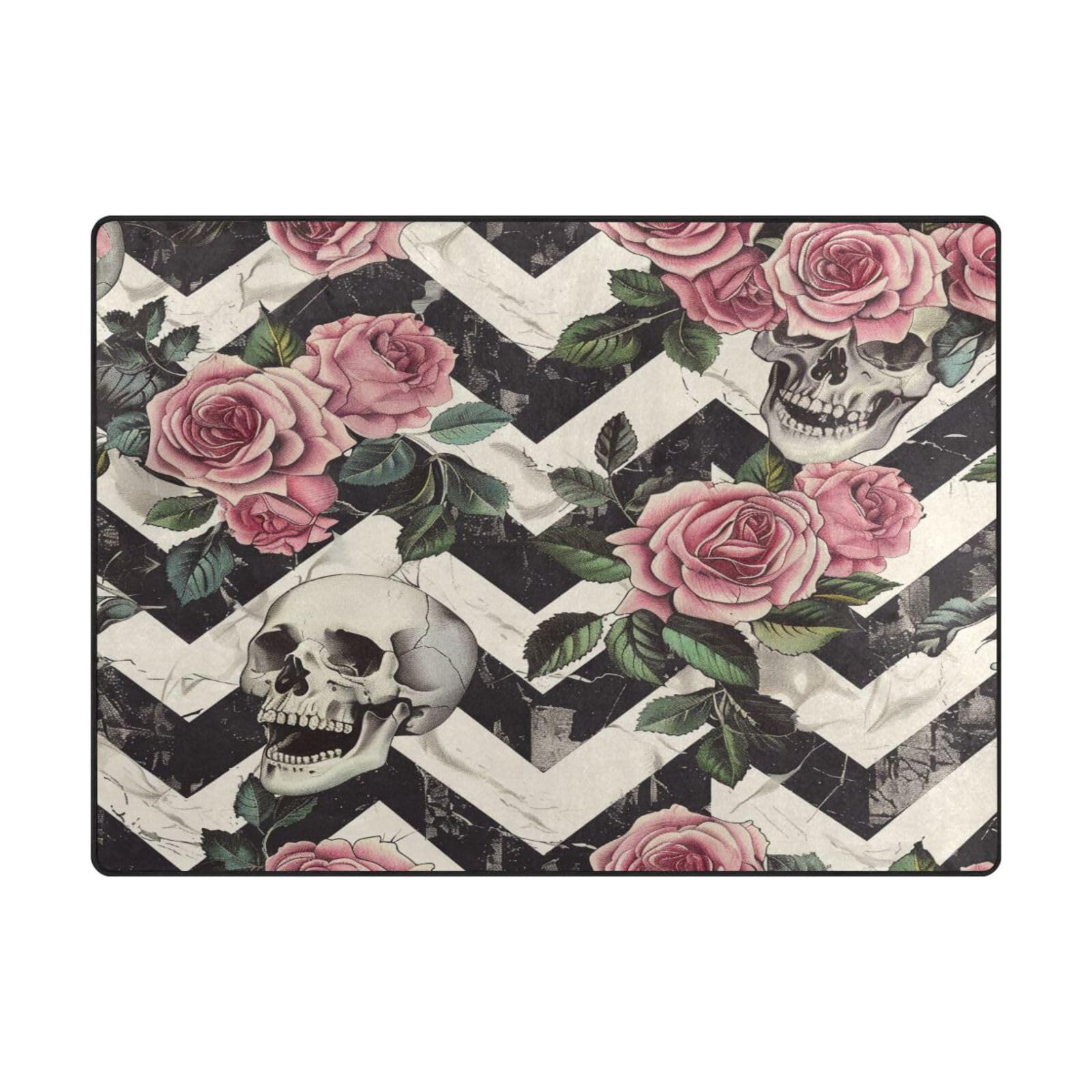Tapis de sol contemporain doux 203 x 147 cm motif tête de mort roses