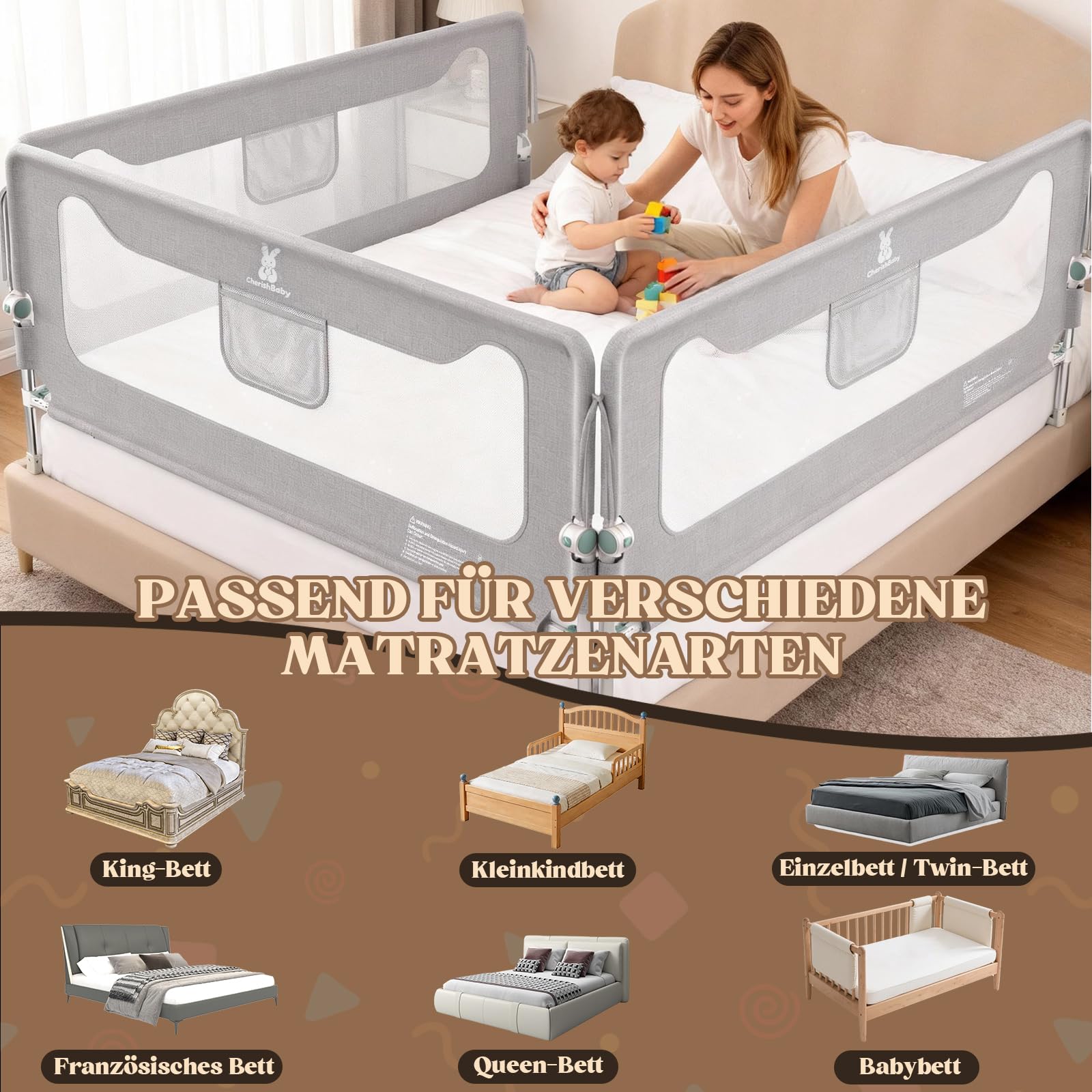 Protezione contro le cadute, letto a molle, 180 cm, griglia di protezione per il letto per neonati e bambini, protezione dalle cadute, pieghevole a 180°, regolabile in altezza, rete traspirante