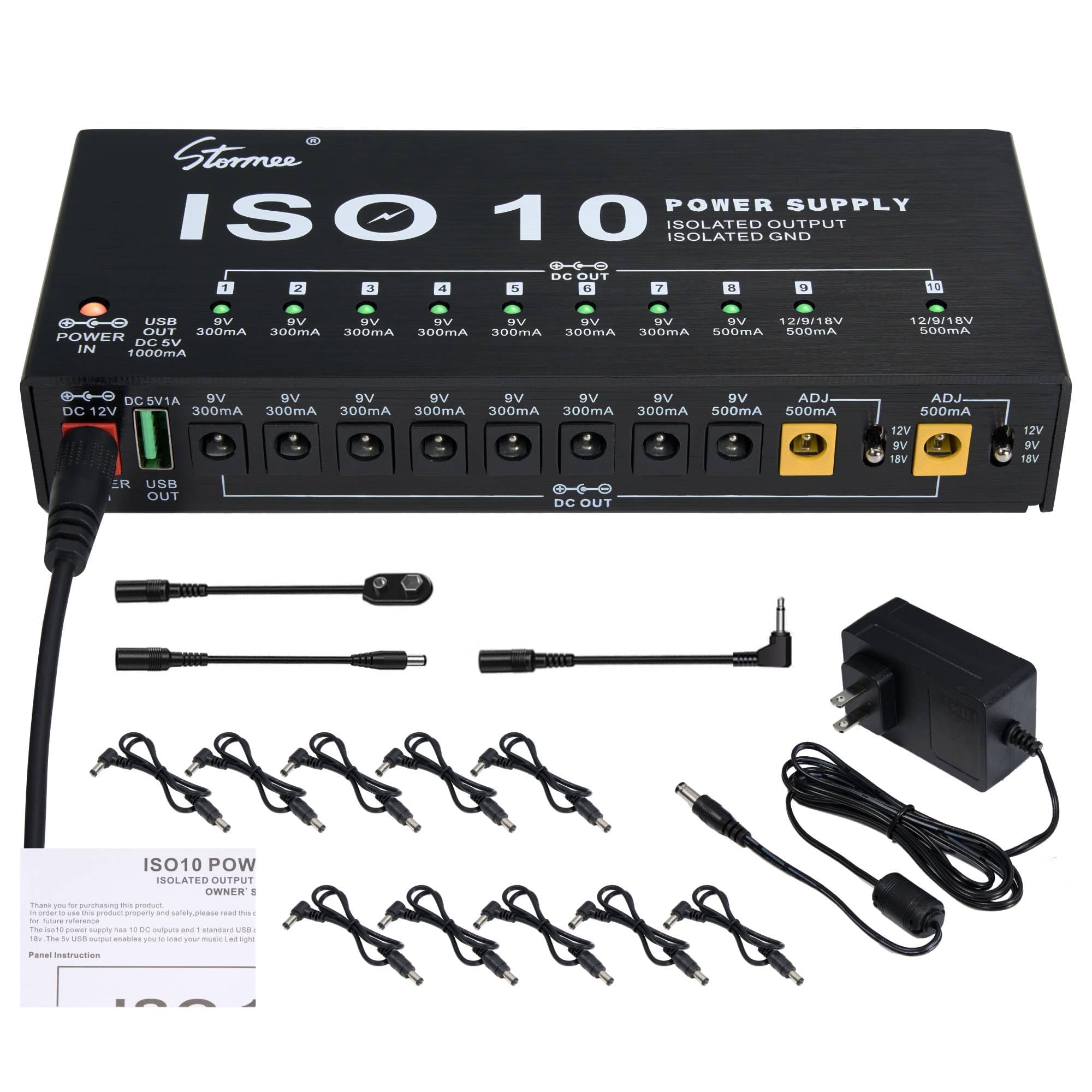 Stormee SP-2 - Alimentatore a pedale per chitarra, 10 uscite CC isolate, 9V/12V/18V 300mA 500mA per pedali effetto, con porta USB, protezione da sovracorrente da cortocircuito