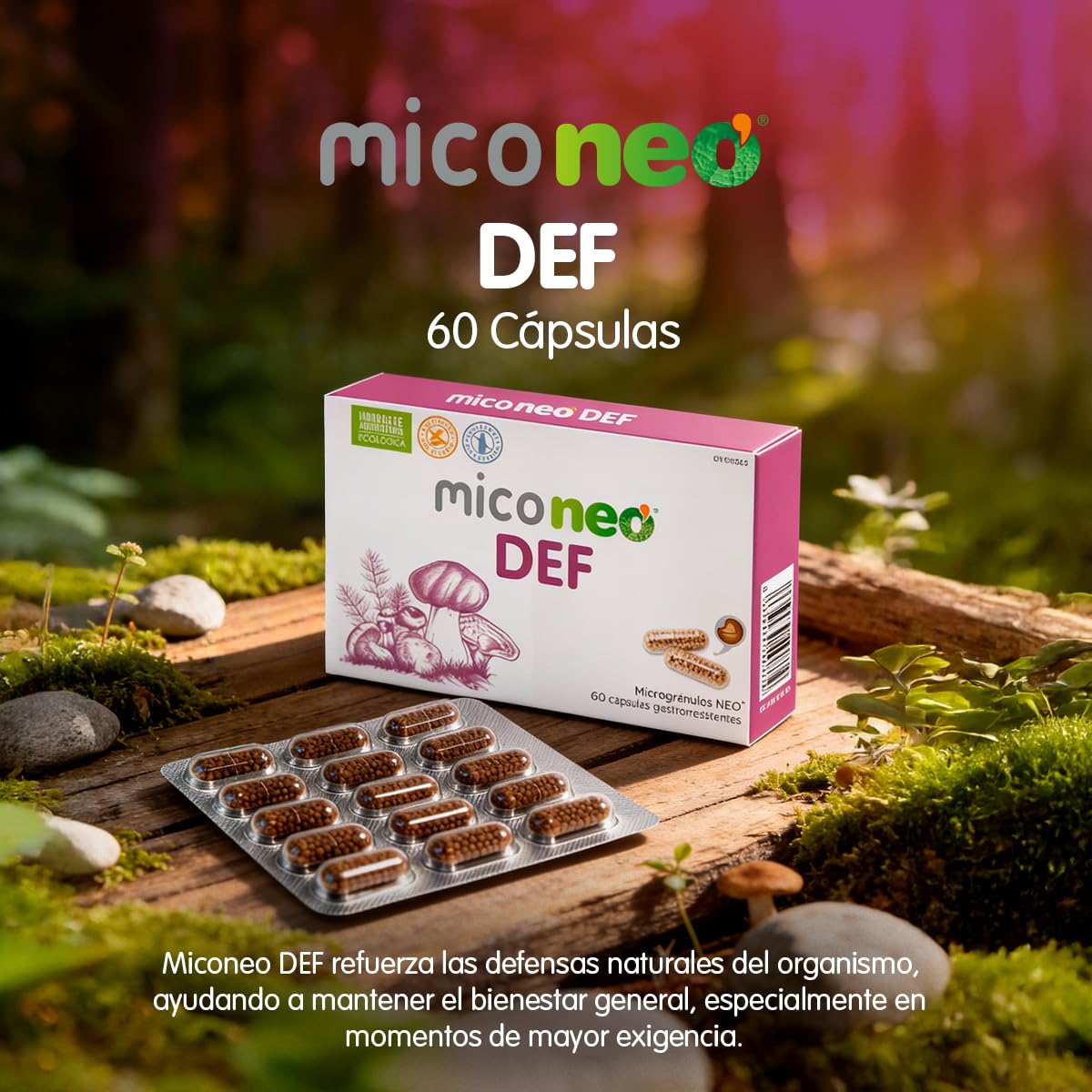 MICO NEO | DEF | 60 Cápsulas | Suplemento Alimenticio de Hongos Naturales Para Mejora de Las Defensas | Con Reishi, Shiitake, Maitake, Cordyceps, Champiñón del Sol y Uña de gato