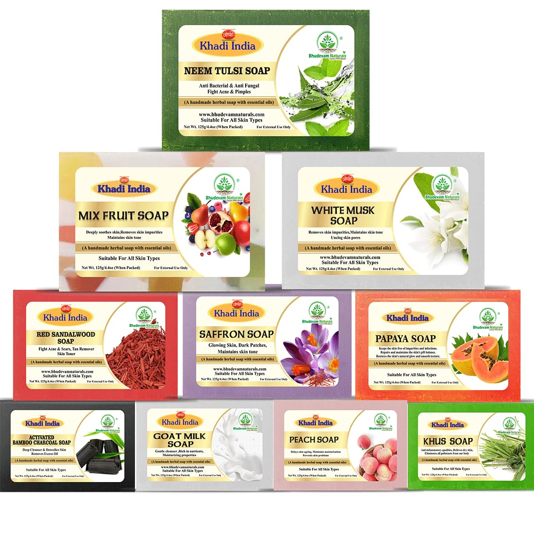 Khadi Organic and Natural Assorted Soap Combo Pack | Handmade Herbal Bathing Soap Set By bhudevam Naturals | Chemical Free, Skin Care Bath Bars for Nourishing, Hydrating & Refreshing Skin (Assorted Bathing Soap (Pack of 10)-image-9