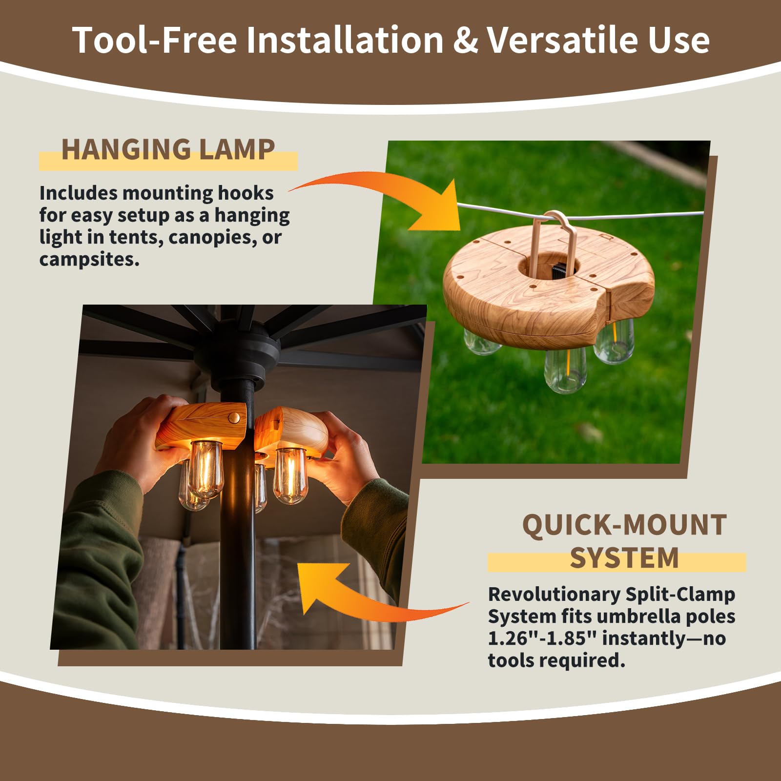 Luce per palo di ombrellone da giardino con effetto legno con telecomando, lampadine LED Edison ricaricabili senza fili con 10 livelli di luminosità per giardino, patio, cortile, campeggio o