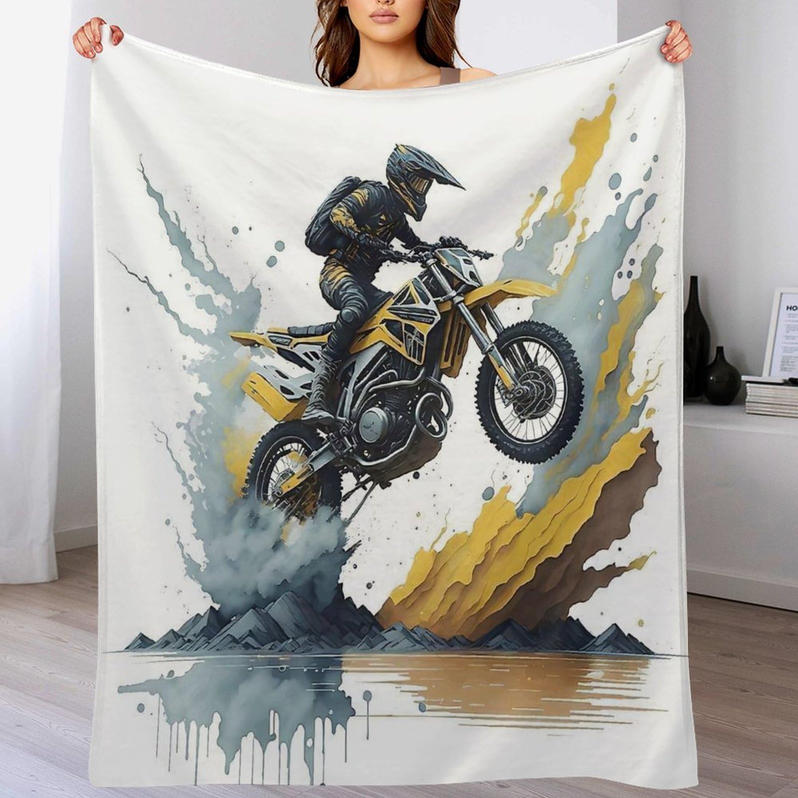 Couverture moelleuse haut de gamme 180x200 flanelle épaisse et douce au motif de motocross