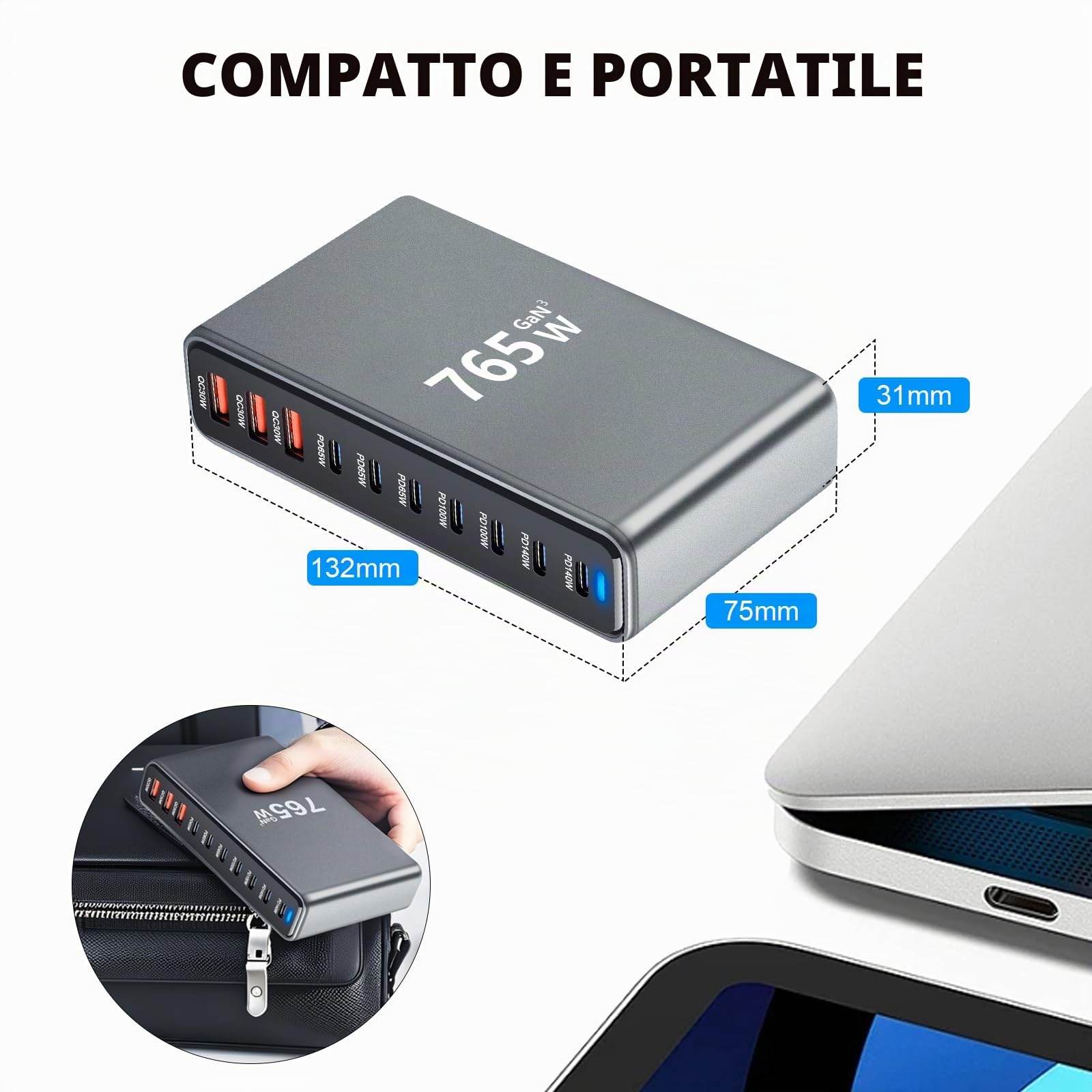 765W Caricatore USB Multiplo - 10 Porte (7 USB-C + 3 USB-A) con Ricarica Rapida, Stazione di Ricarica Compatta per Multi Dispositivi, Compatibile con MacBook, iPad, iPhone 16/15/14, Galaxy S22/S20